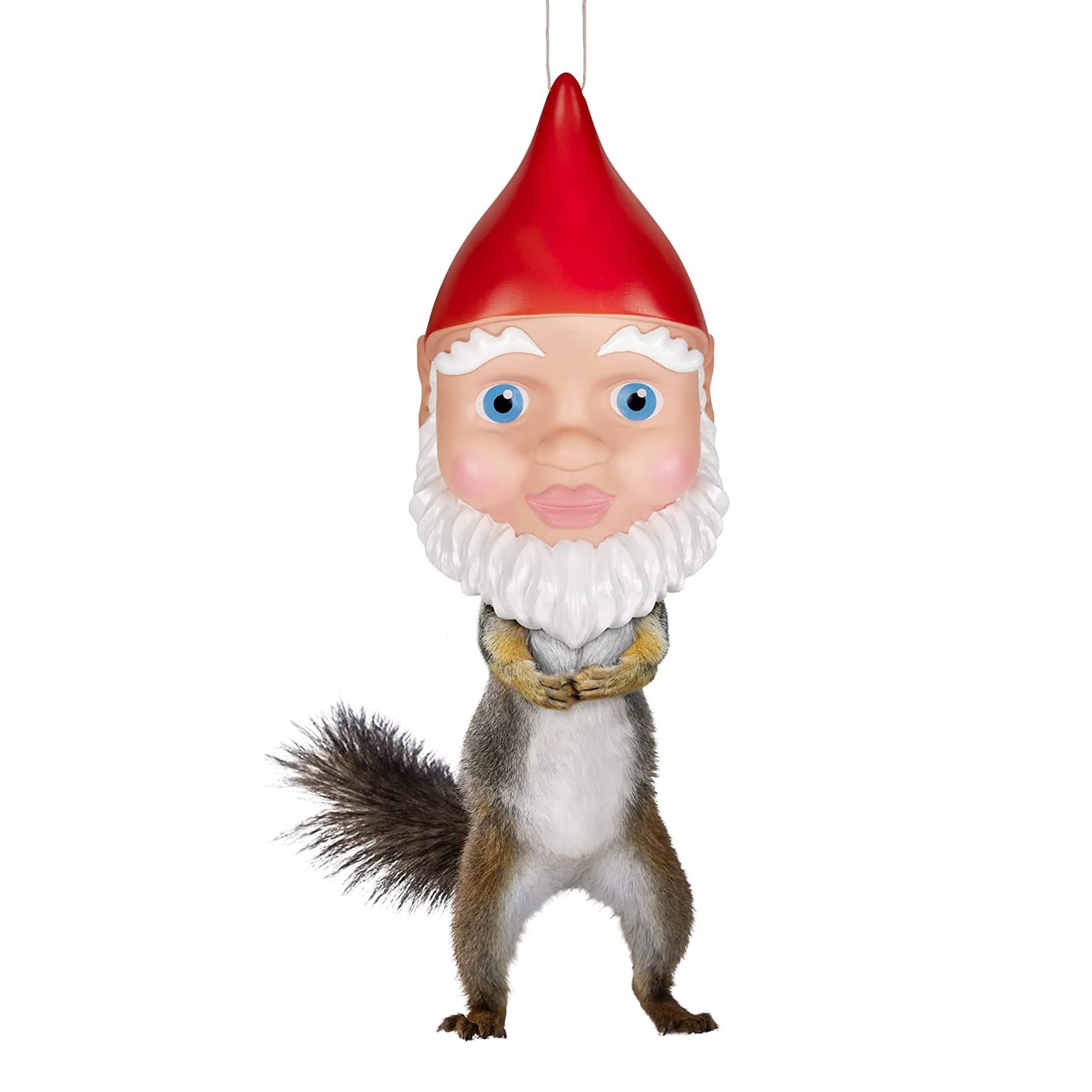 Accoutrements Archie McPhee gnome feeder front view showing colorful vinyl design and hanging hole for easy installation