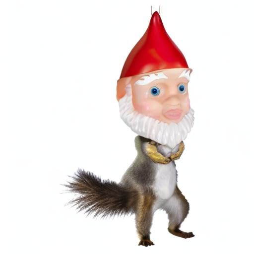 Accoutrements Archie McPhee gnome feeder on a squirrel while feeding, creating a whimsical backyard viewing experience