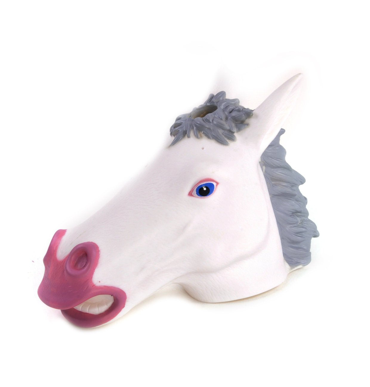 Accoutrements unicorn head size comparison next to hand showing compact scale