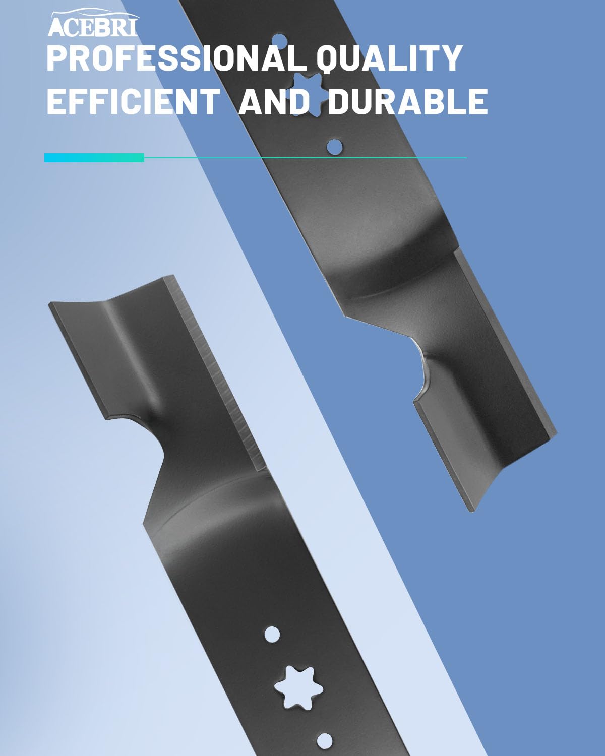 ACEBRI blade side profile showing high-lift curvature for improved clippings lift
