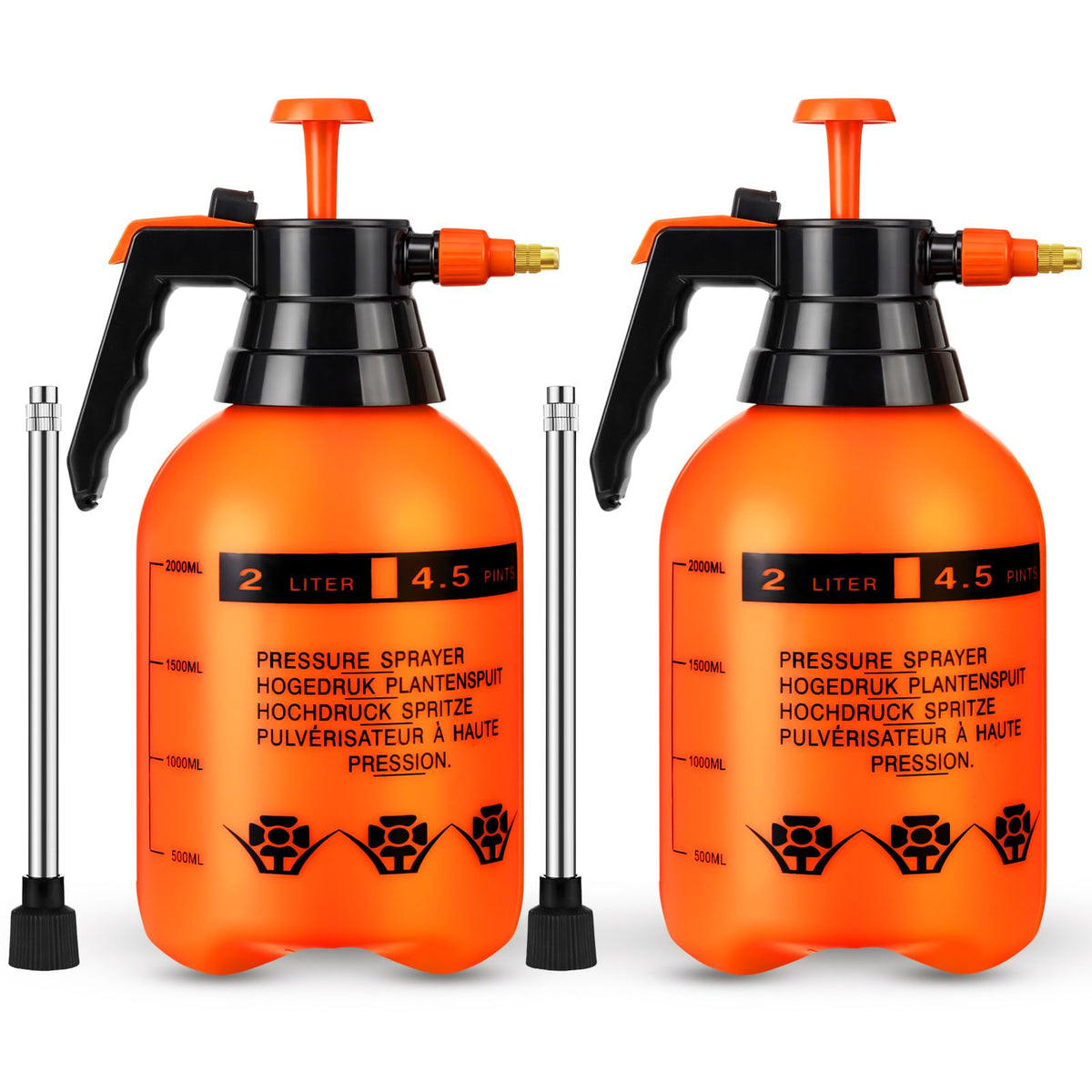 Acellegic front view of two orange 0.5-gallon sprayers showing portability and capacity