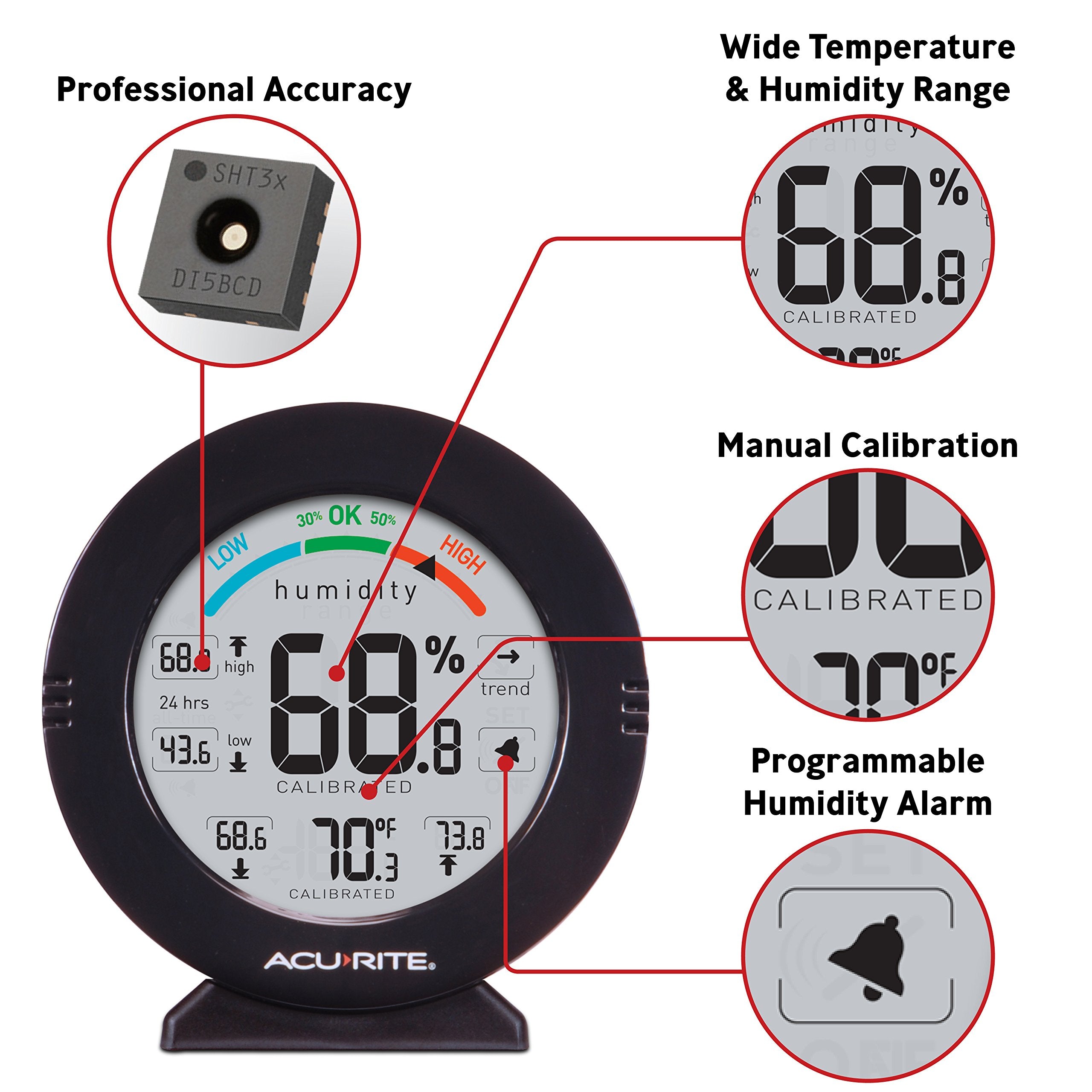 AcuRite placed on a living room shelf providing continuous indoor climate awareness
