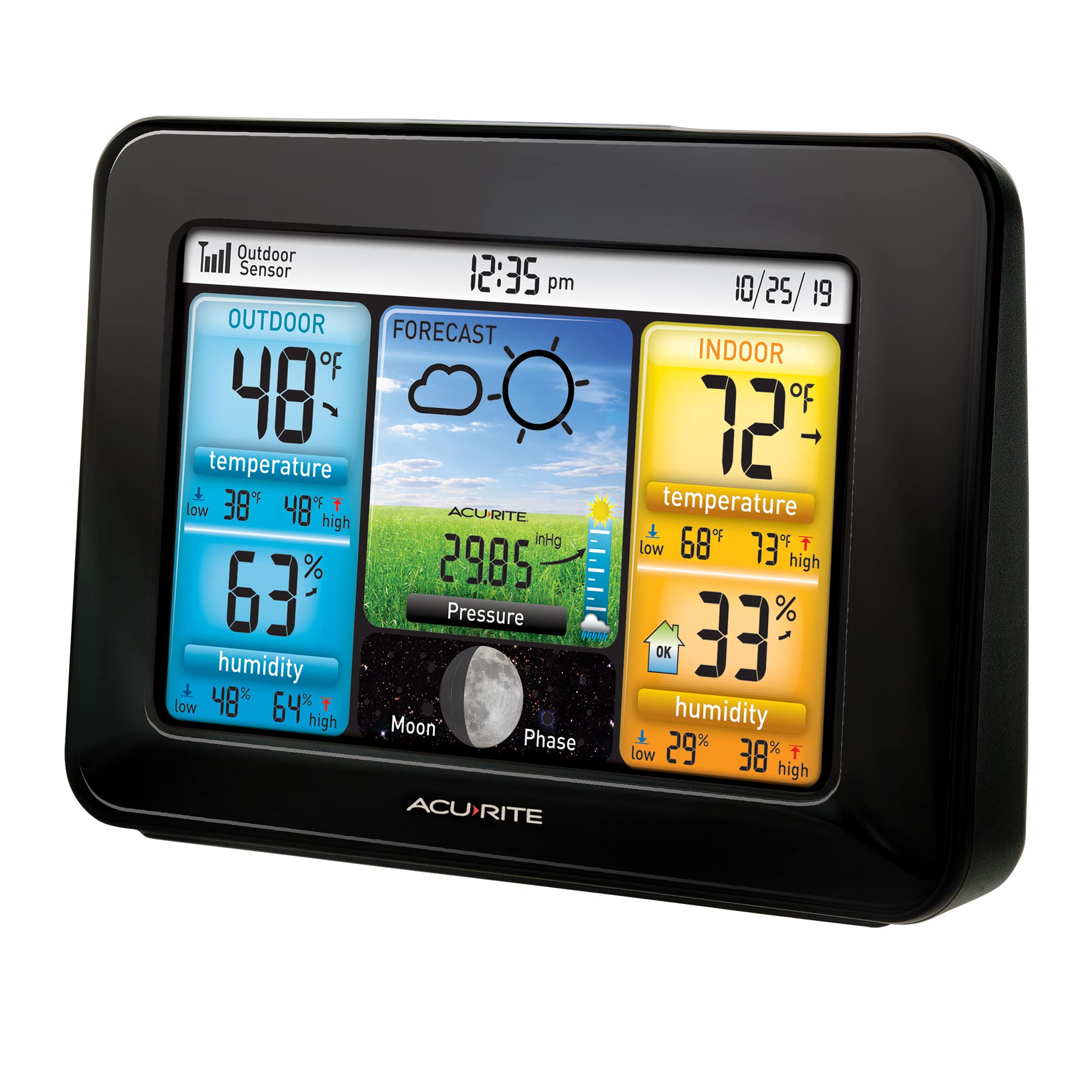 AcuRite closeup LCD graphics showing temperature, humidity and trends