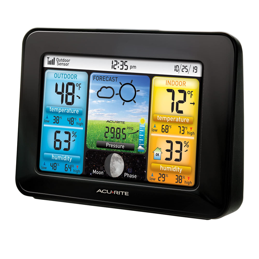 AcuRite closeup LCD graphics showing temperature, humidity and trends