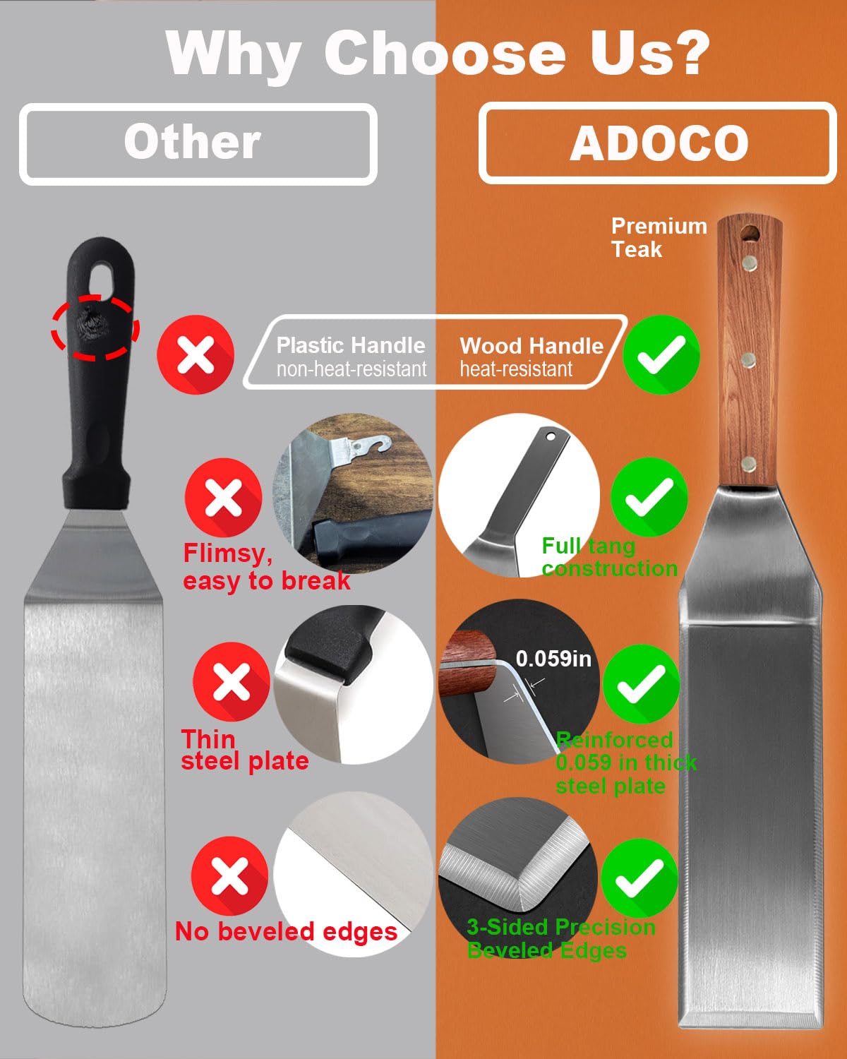 Adoco long spatula on Blackstone griddle enabling easy reach and flipping
