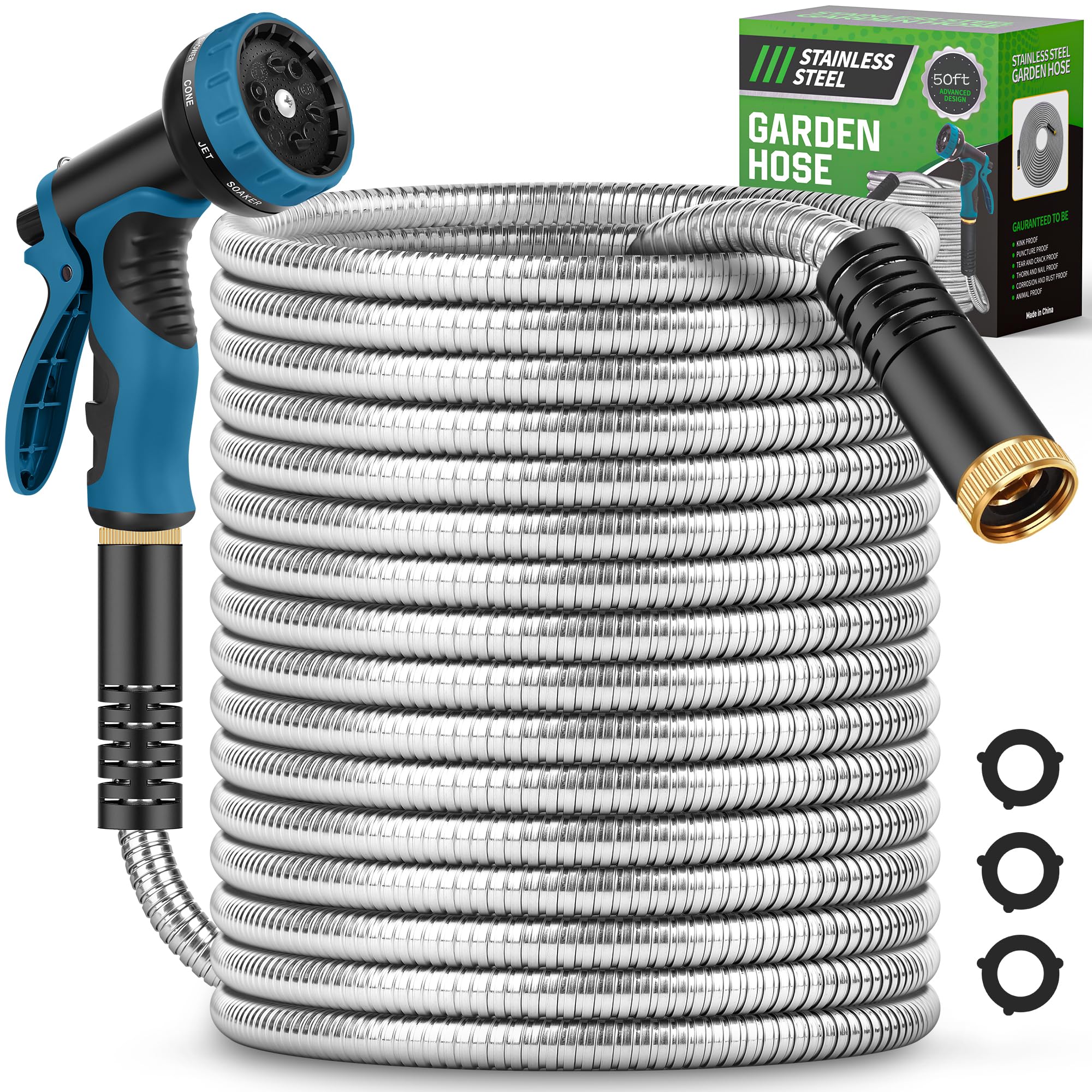 Advinski front view of 50FT metal garden hose showing durable design and portability