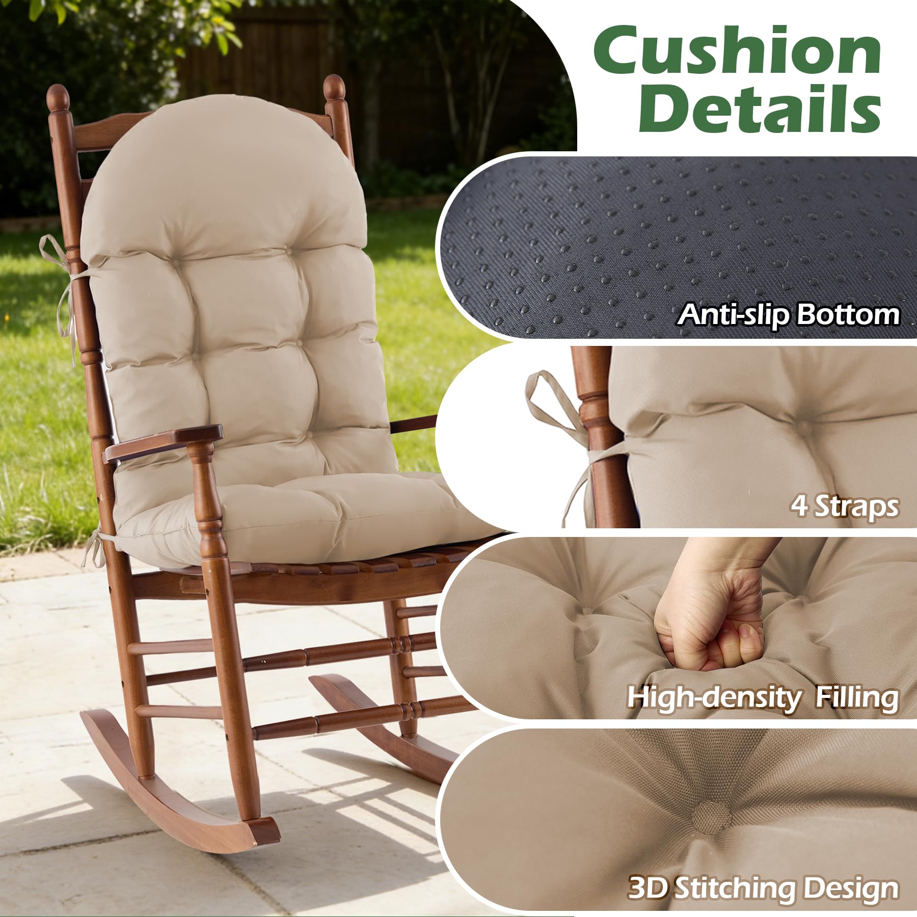 Aegisun cushion in use on wooden porch rocking chair demonstrating outdoor comfort