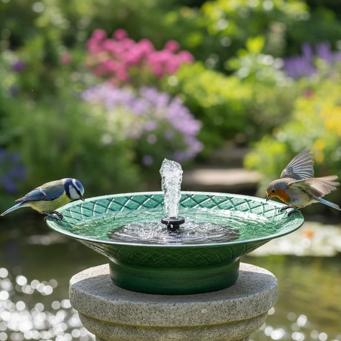 Aifeorzo front view green bird bath showing attractive fountain and stability