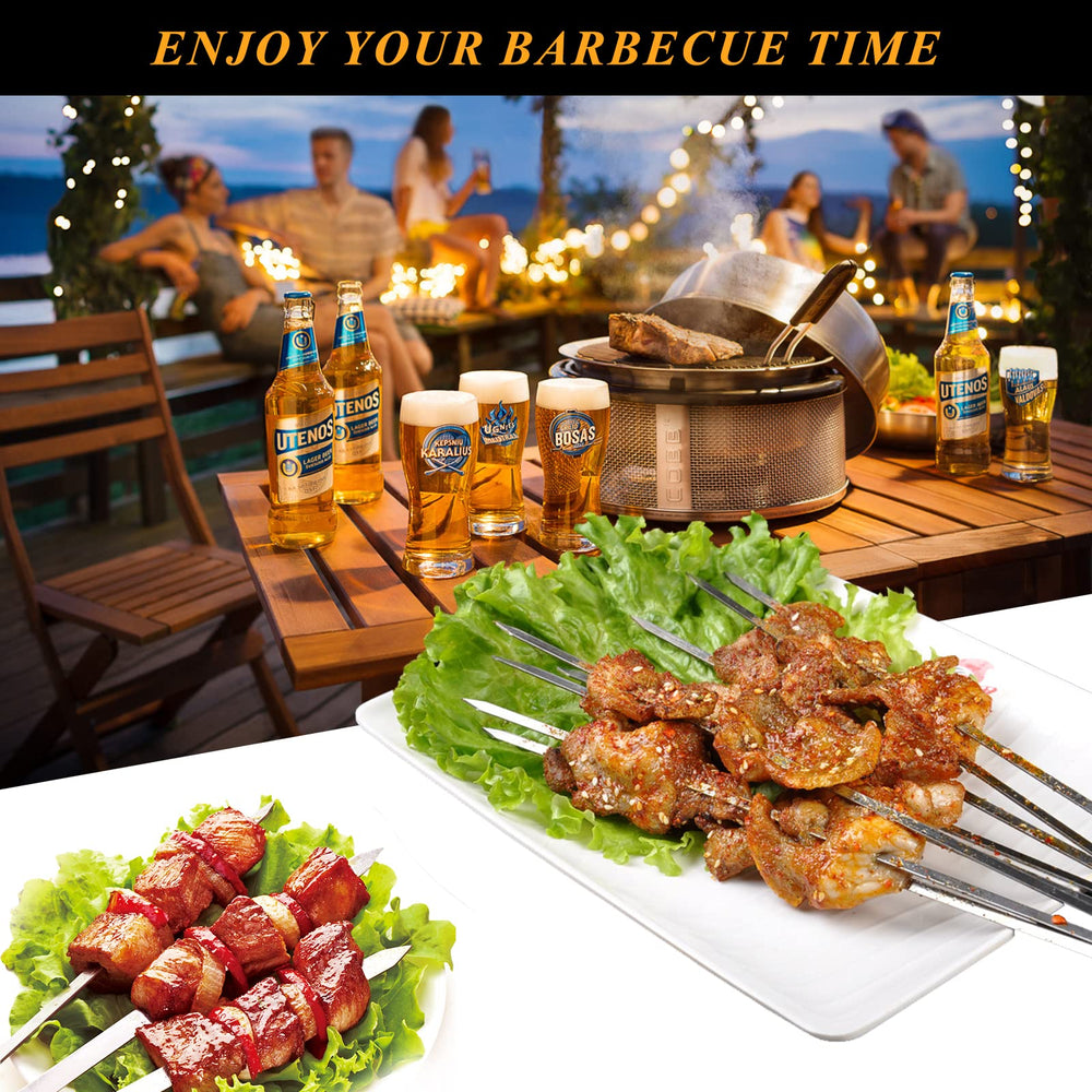 AIMEIKI skewers on backyard table with prepared kebabs showing entertaining convenience