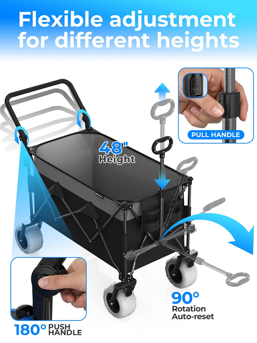 Aimnny handle extended to 48 inches showing ergonomic push and pull benefit