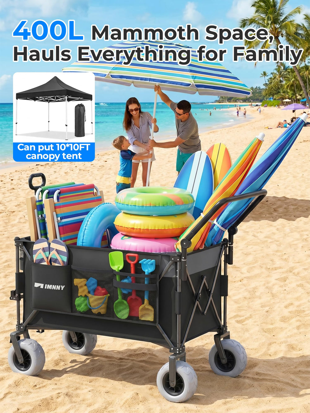 Aimnny lifestyle image of family using wagon on beach for effortless transport