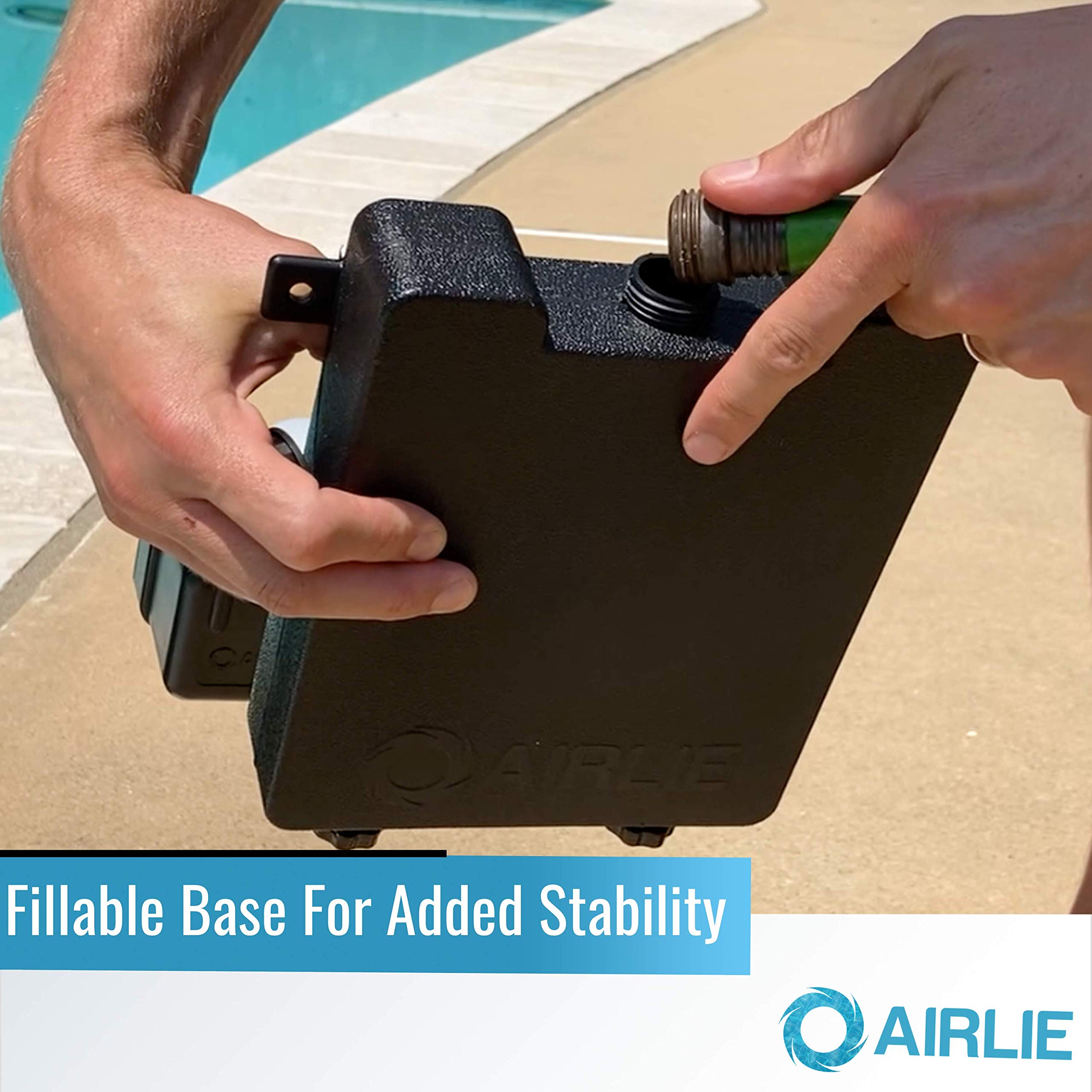 Airlie adjustable feet and fillable base showing stable setup on sloped coping
