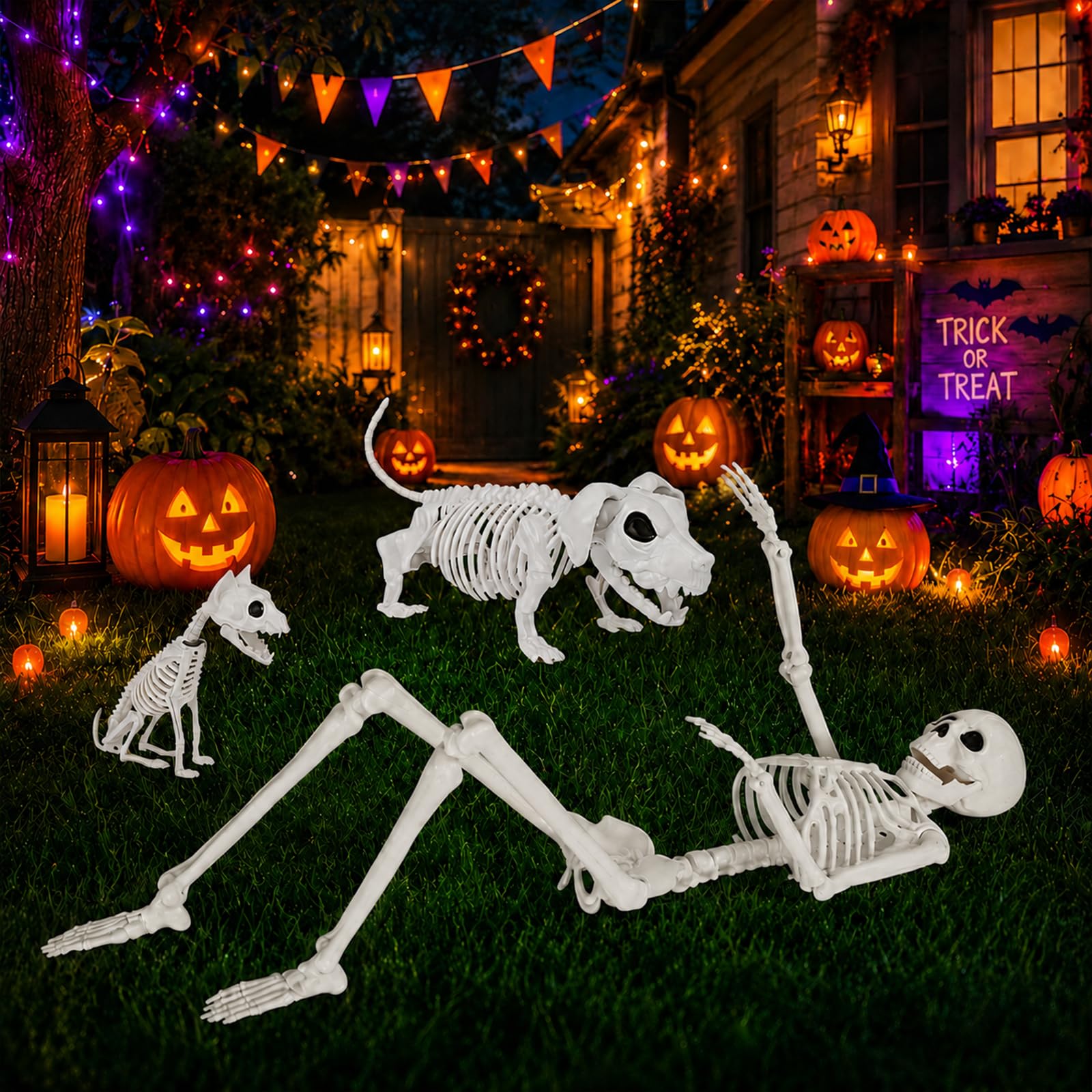Aitbay porch decor lifestyle scene showing skeleton set creating festive curb appeal