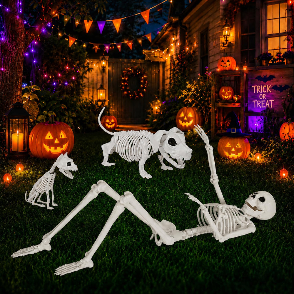 Aitbay porch decor lifestyle scene showing skeleton set creating festive curb appeal