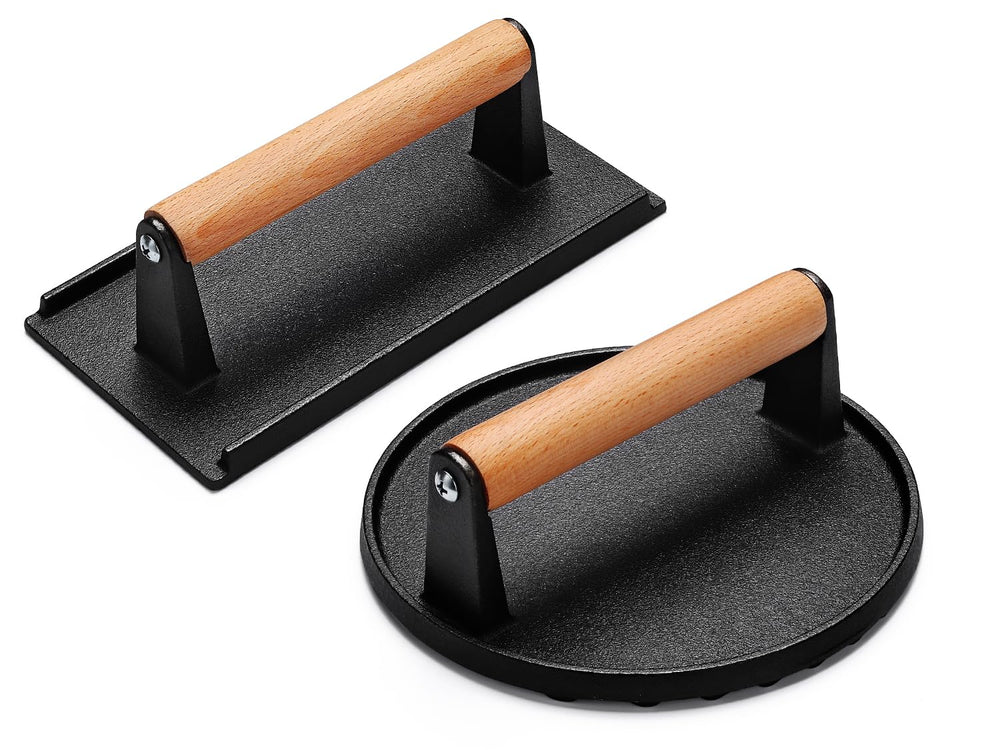AIVIKI burger press front view showing sturdy cast iron and benefit of even weight
