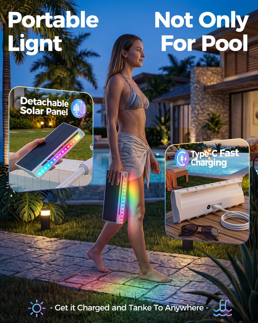 AJOGO floating fountain in a backyard pool adding motion and light