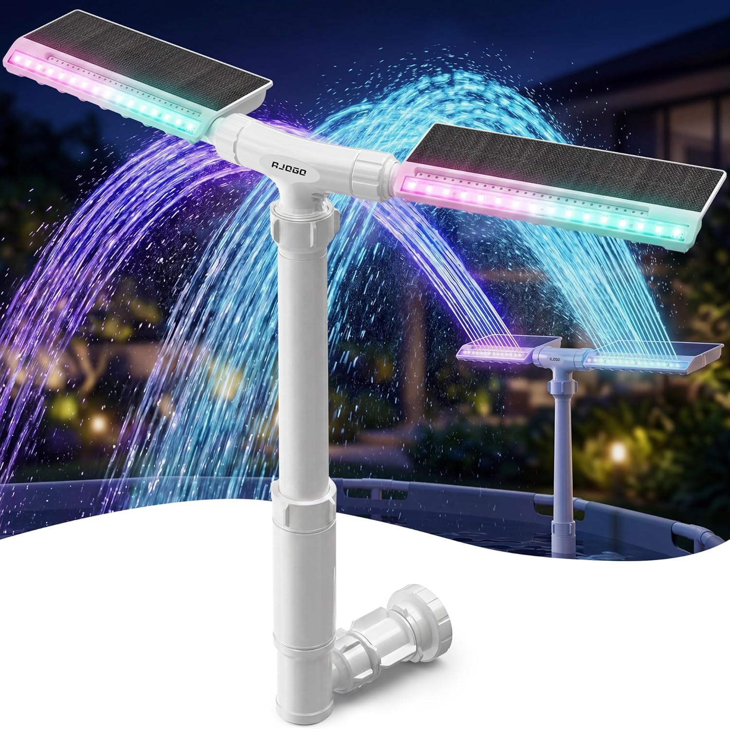 AJOGO front view of fountain and packaging showing easy setup and ambiance