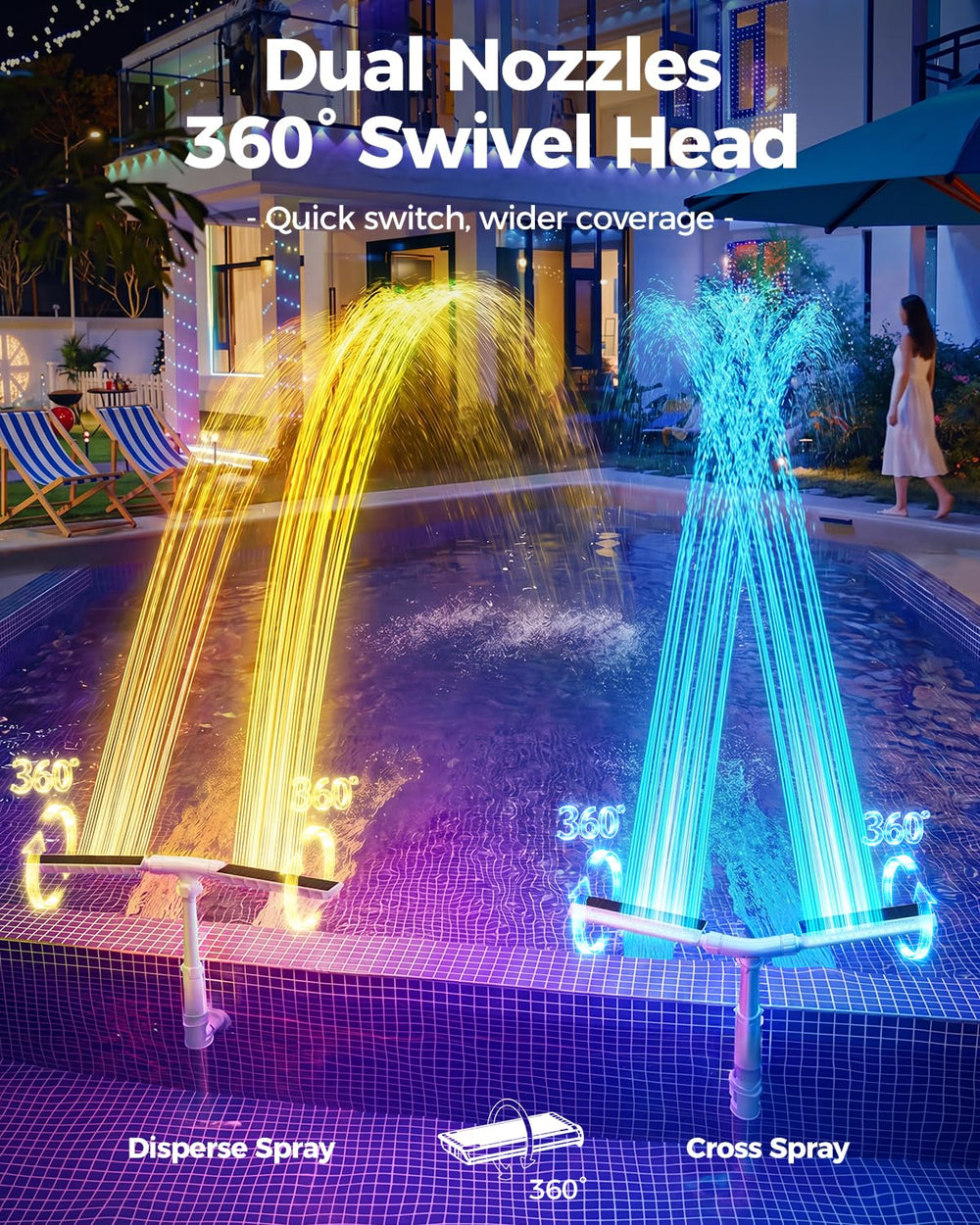 AJOGO multicolor LED lights in pool at night creating festive atmosphere