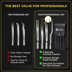 Alfaly angled-tip tweezer detail highlighting reach and access into tight plant areas