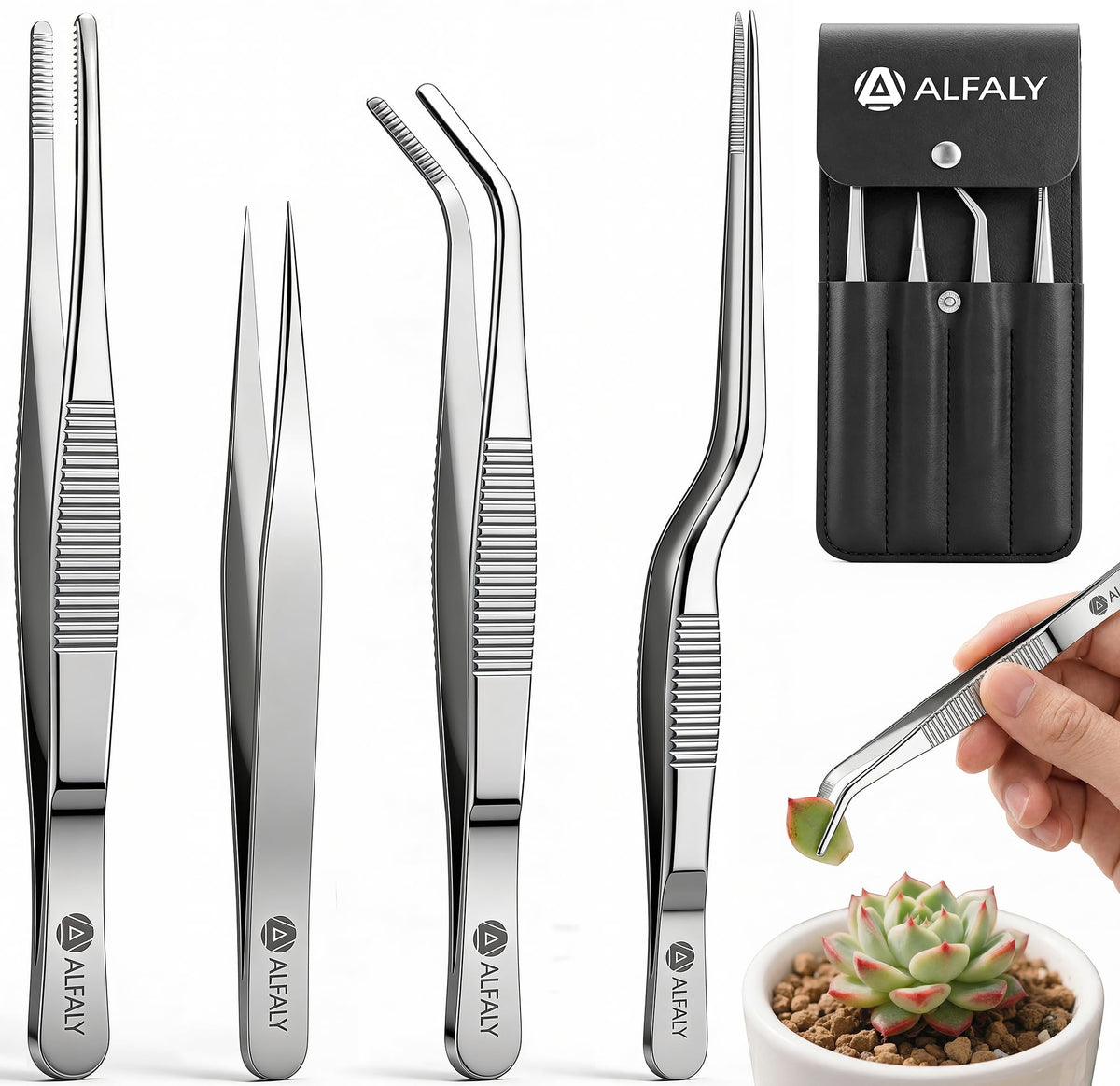 Alfaly front view of 4-piece tweezers set showing compact packaging and tools for easy storage