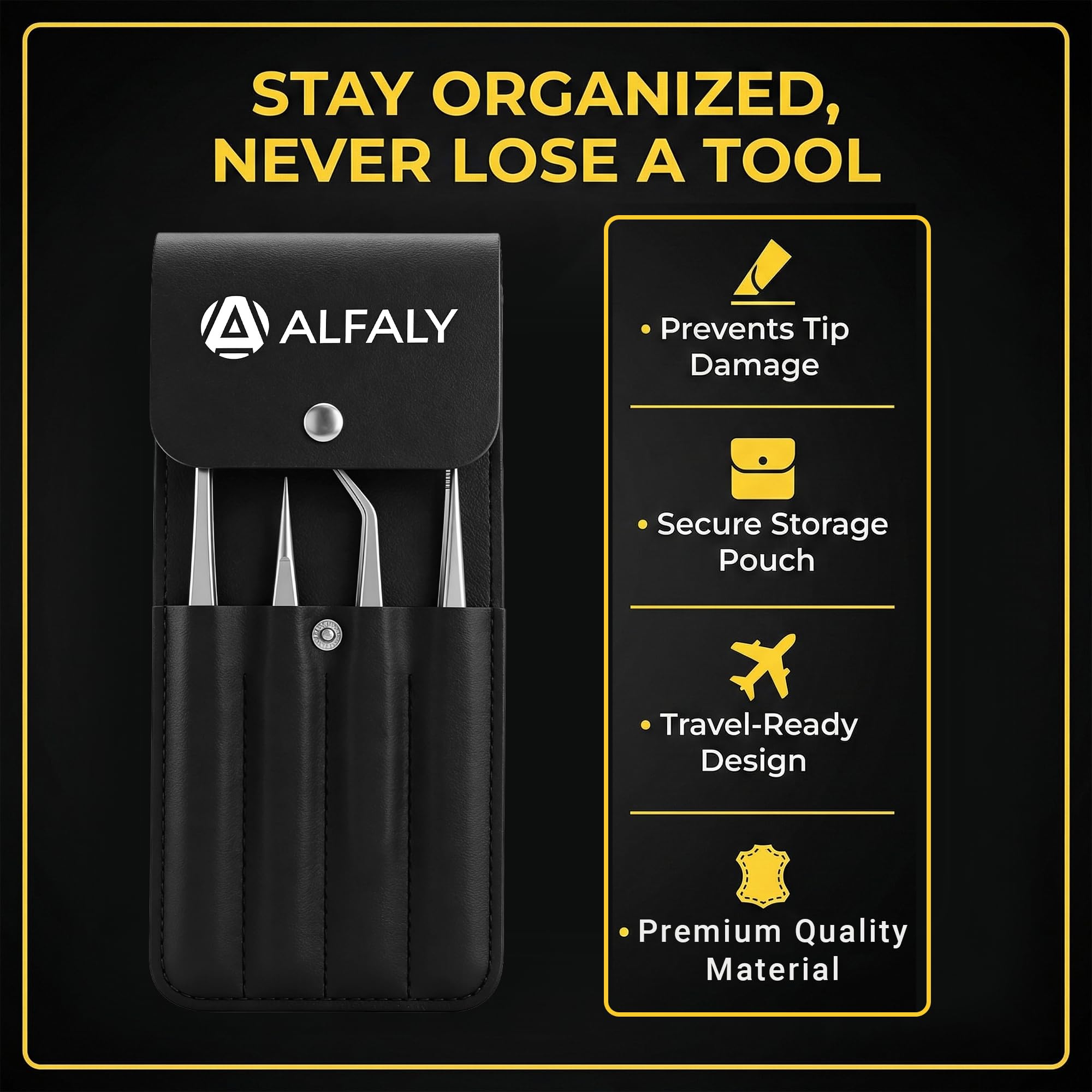 Alfaly premium storage pouch with four tweezers secured for safe transport and protection