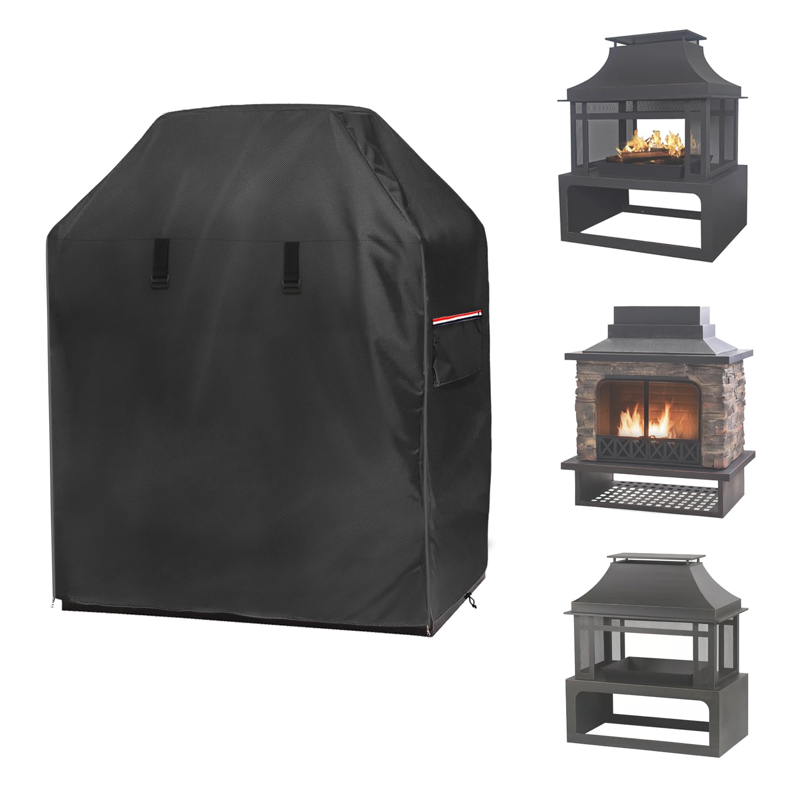 Alickwang front view of cover protecting fireplace, shows full fit and weather protection