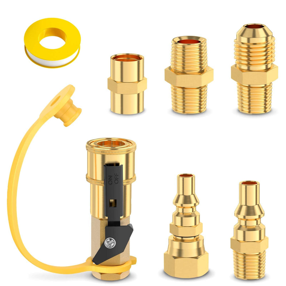 Alloxity front view of 7-piece fittings kit showing all components and benefits