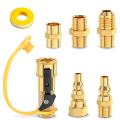 Alloxity front view of 7-piece fittings kit showing all components and benefits