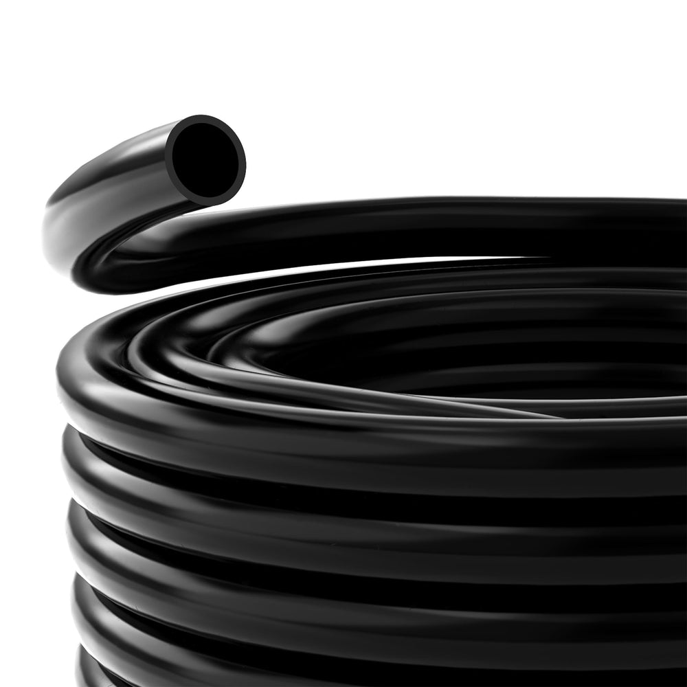Alpine Corporation unwound coil next to tape measure showing 100-foot length benefit