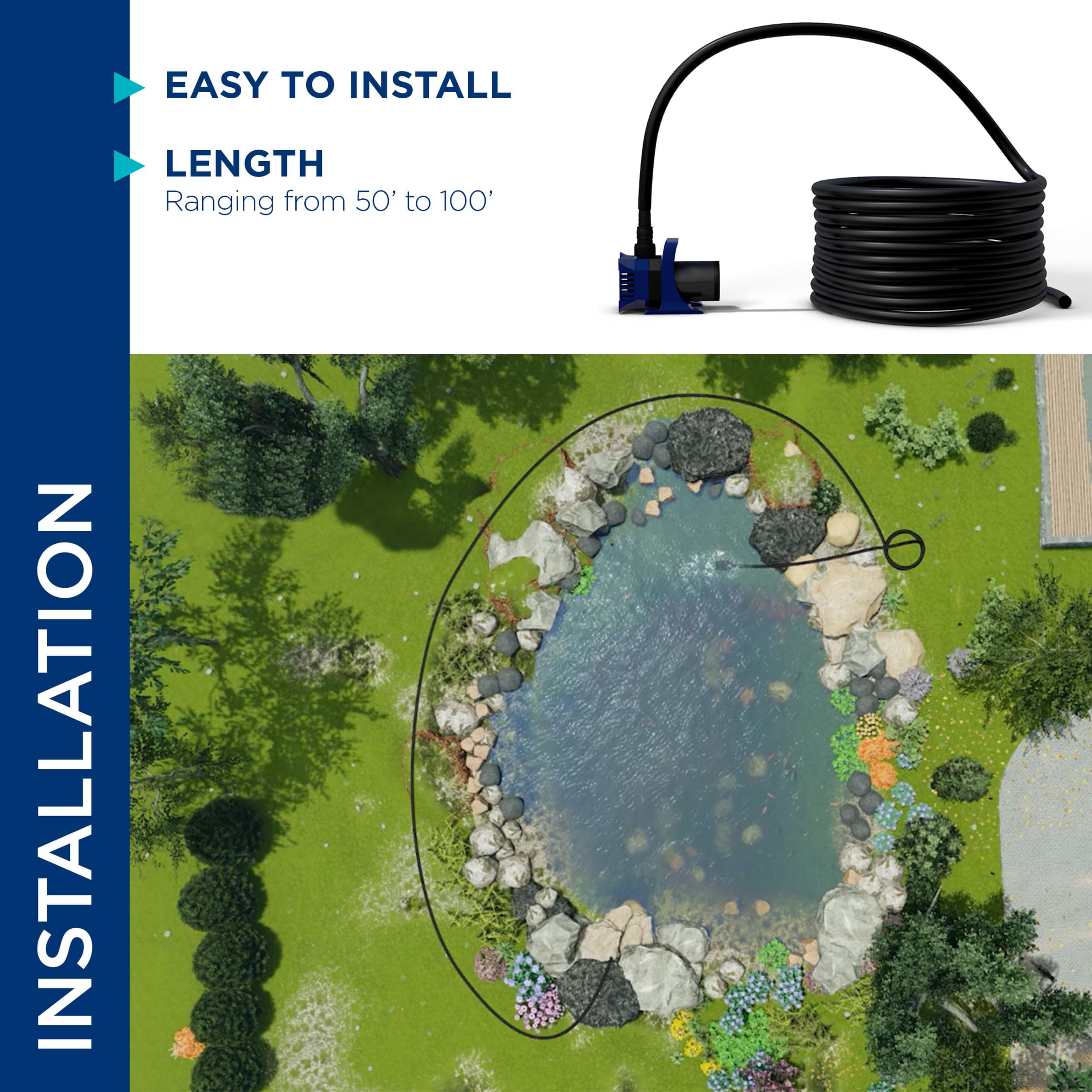 Alpine Corporation tubing attached to a pond pump showing secure flow routing benefit