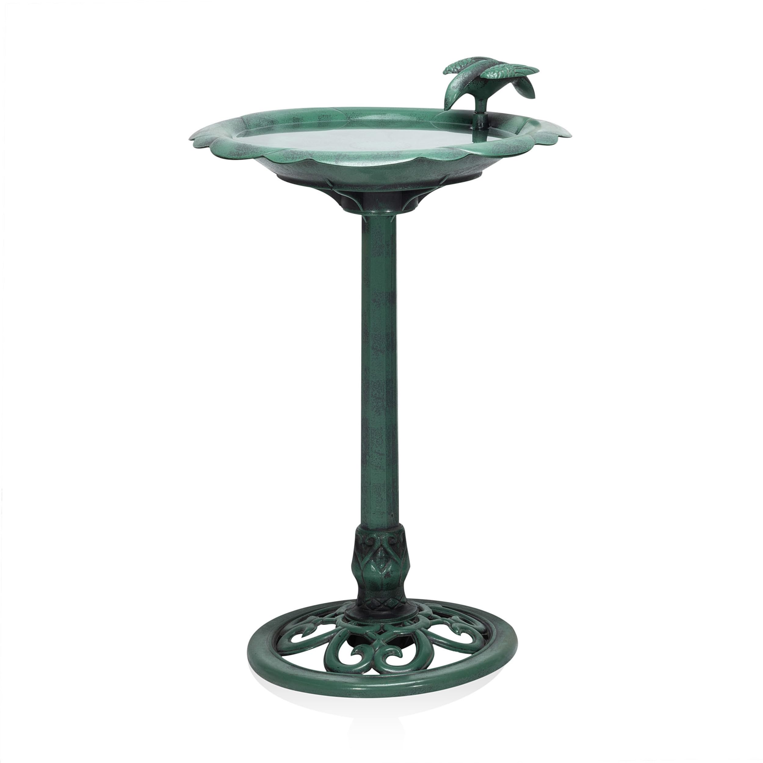 Alpine Corporation birdbath front view showing green antique design and stability