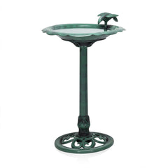 Alpine Corporation birdbath front view showing green antique design and stability