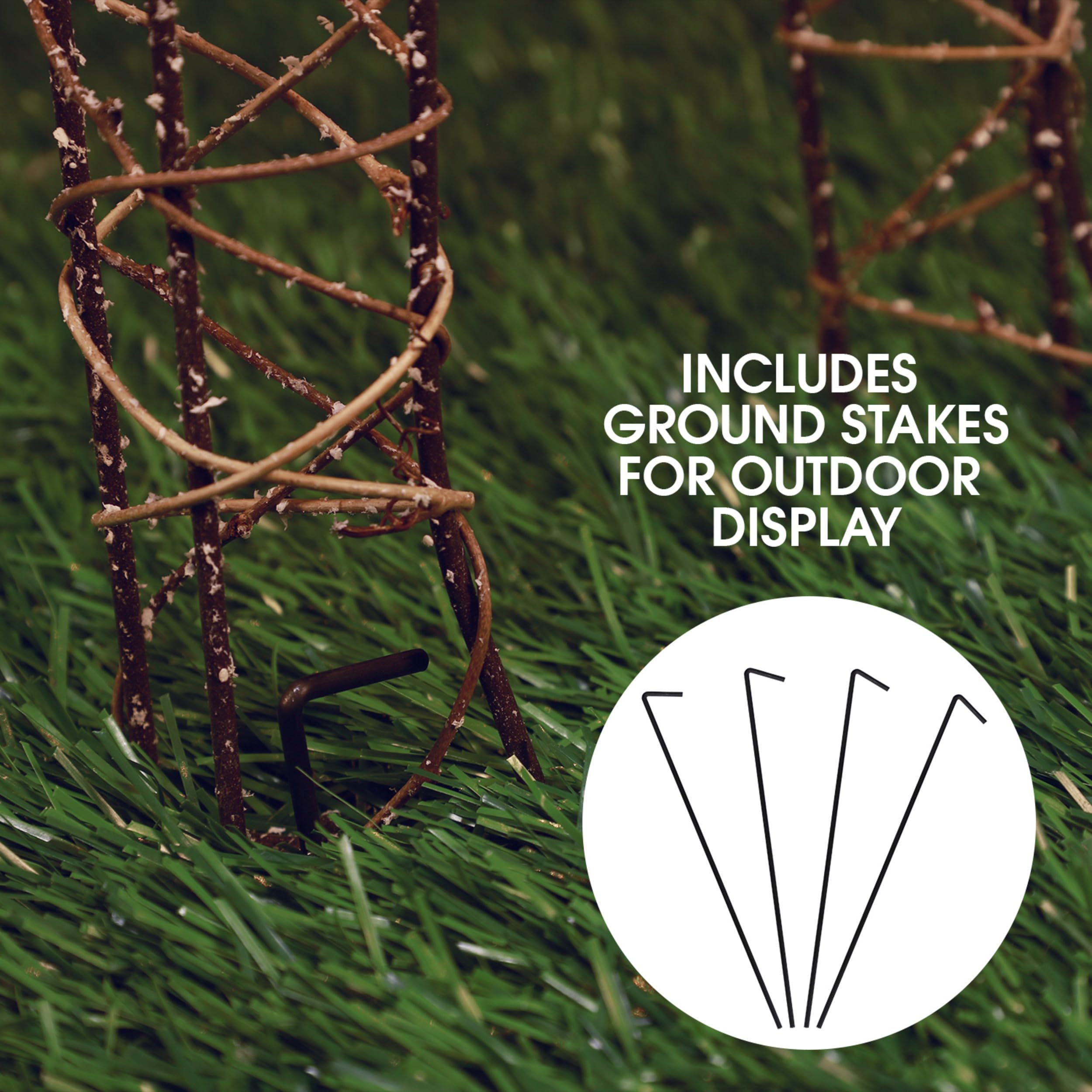 Alpine Corporation view of iron wire frame and ground stakes for stable placement