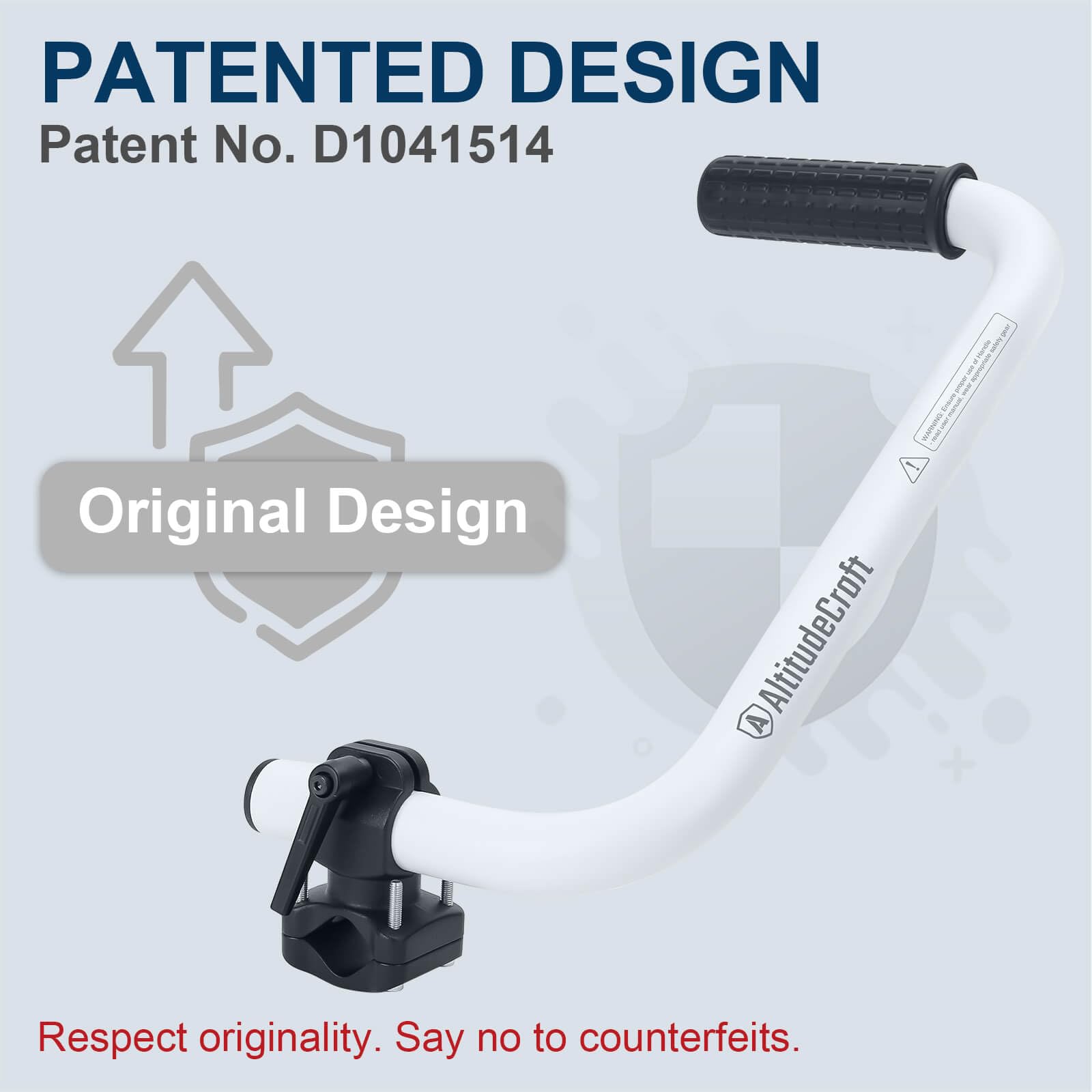 AltitudeCraft clamp label and markings highlighting patented system benefit