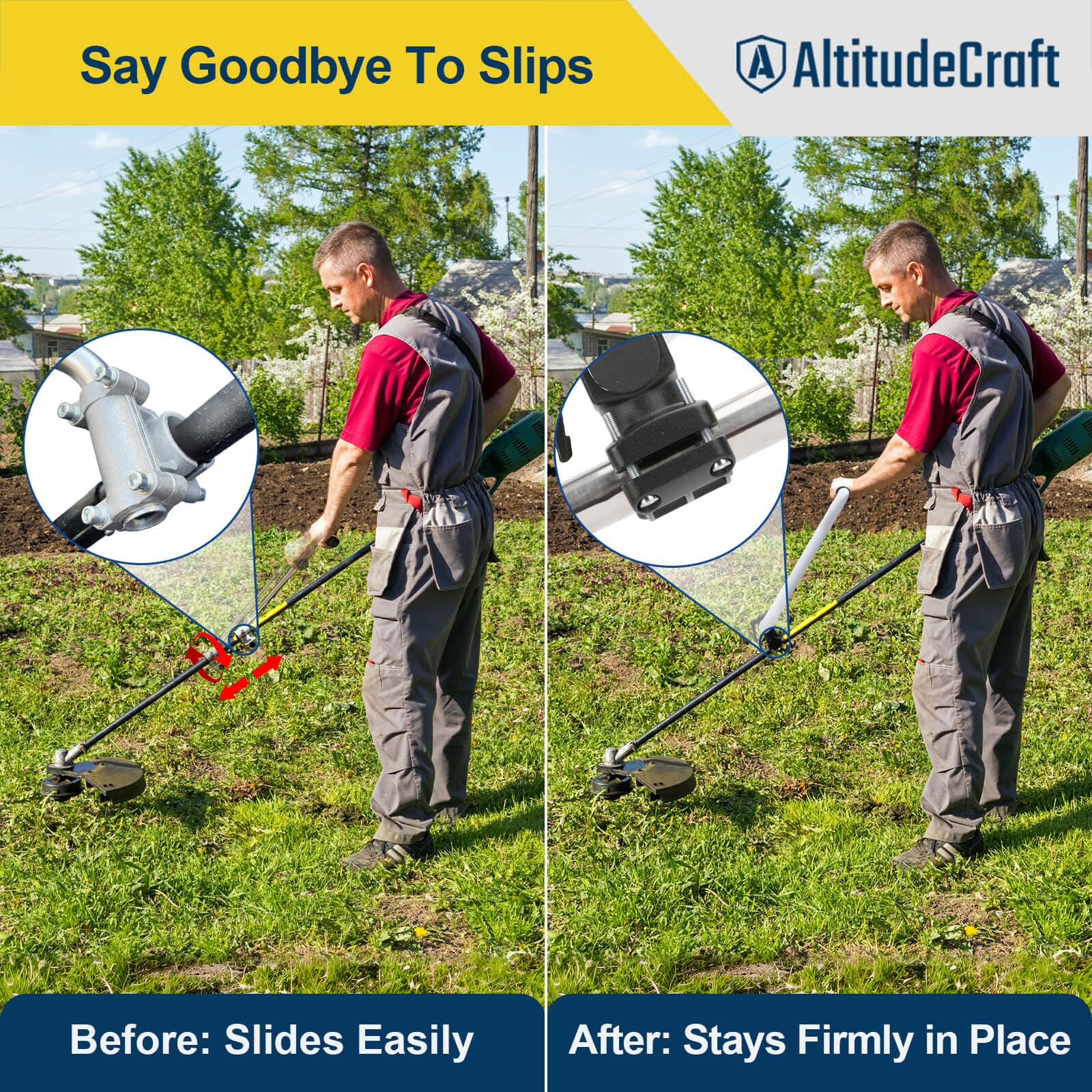 AltitudeCraft clamp in yard use with tool showing easier posture benefit