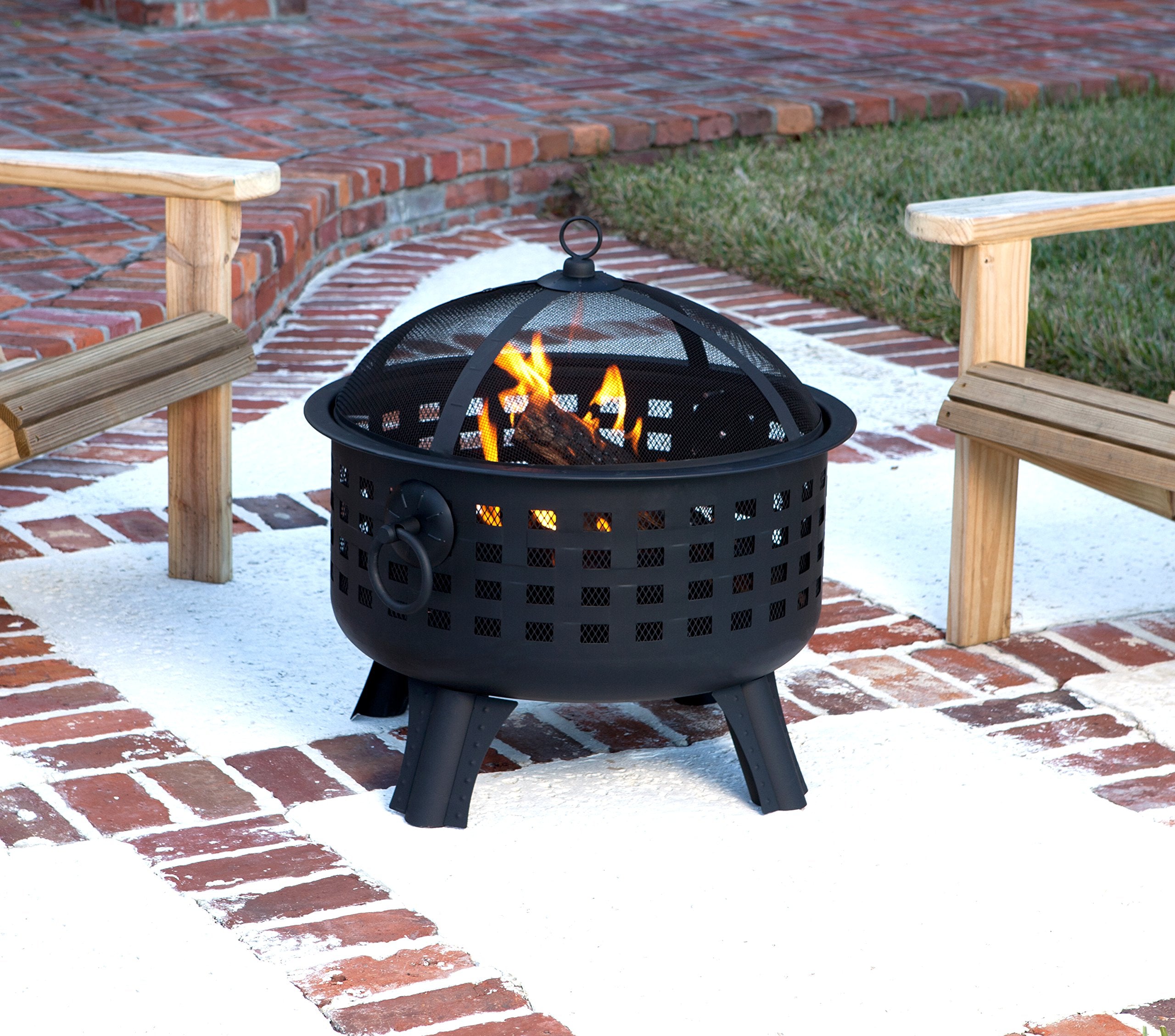 Amazon Basics side angle of assembled fire pit showing sturdy construction and clean silhouette
