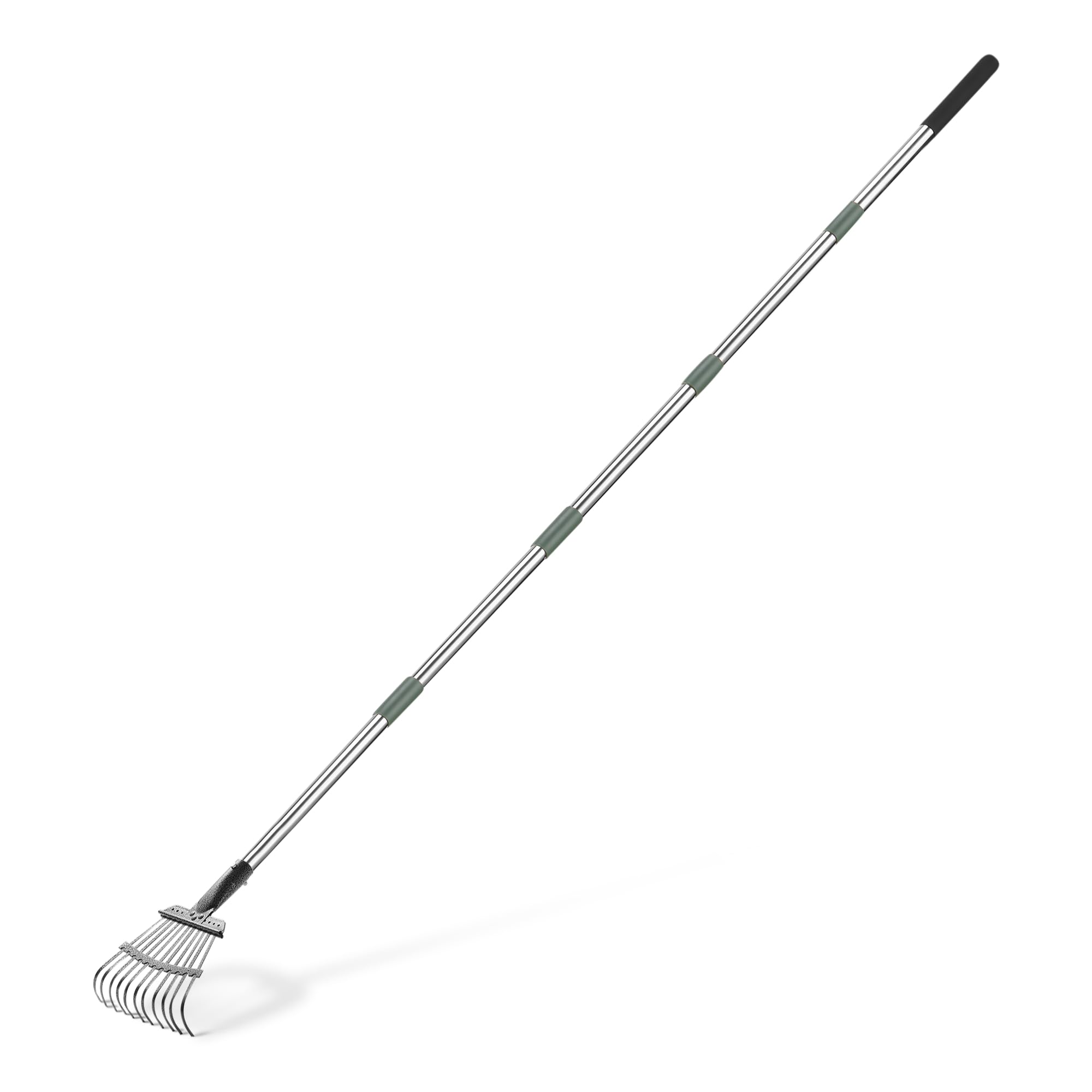 Amazon Basics rake front view showing adjustable handle and 8-inch head for precise cleaning