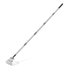 Amazon Basics rake front view showing adjustable handle and 8-inch head for precise cleaning