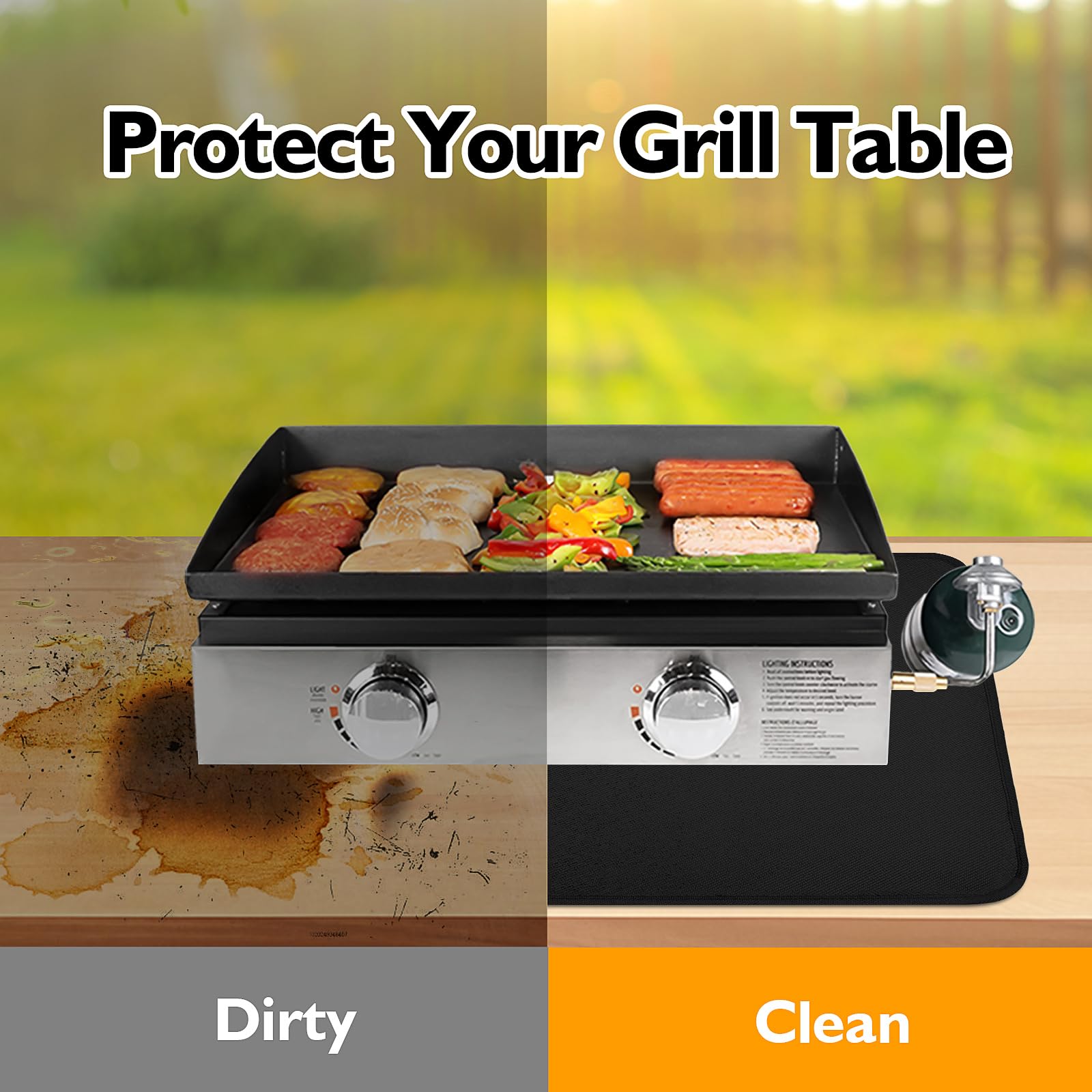 Amerbro mat under tabletop grill demonstrating surface protection benefit