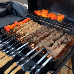 Amestar skewers on grill with food demonstrating even cooking benefit