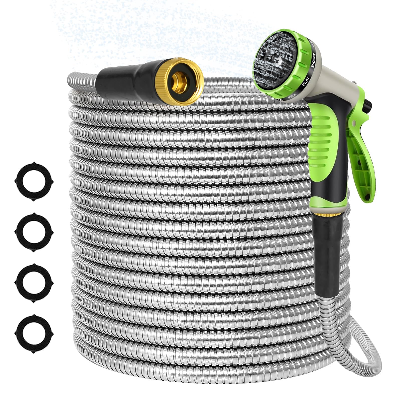 AMOOX full 50ft coiled hose showing durable metal jacket and easy storage benefit