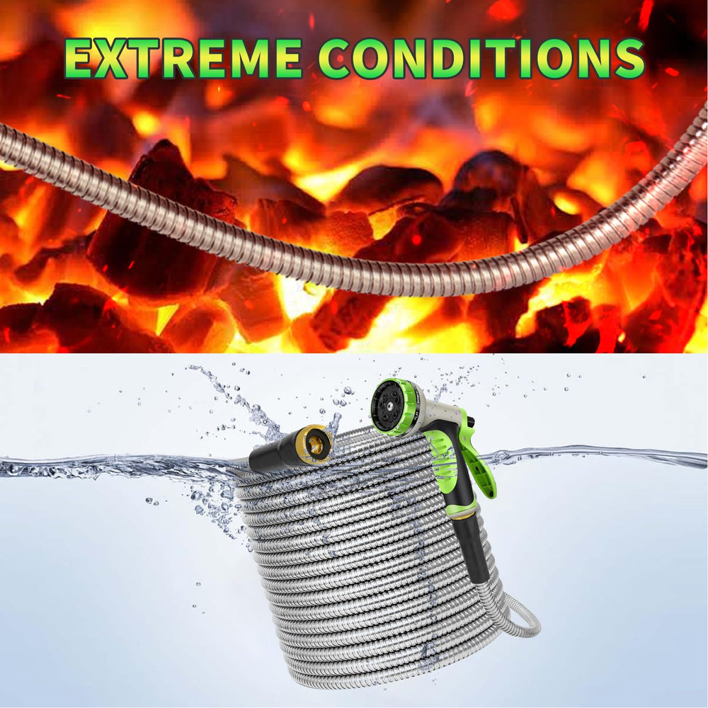 AMOOX hose coiled beside person for scale showing lightweight, compact storage benefit