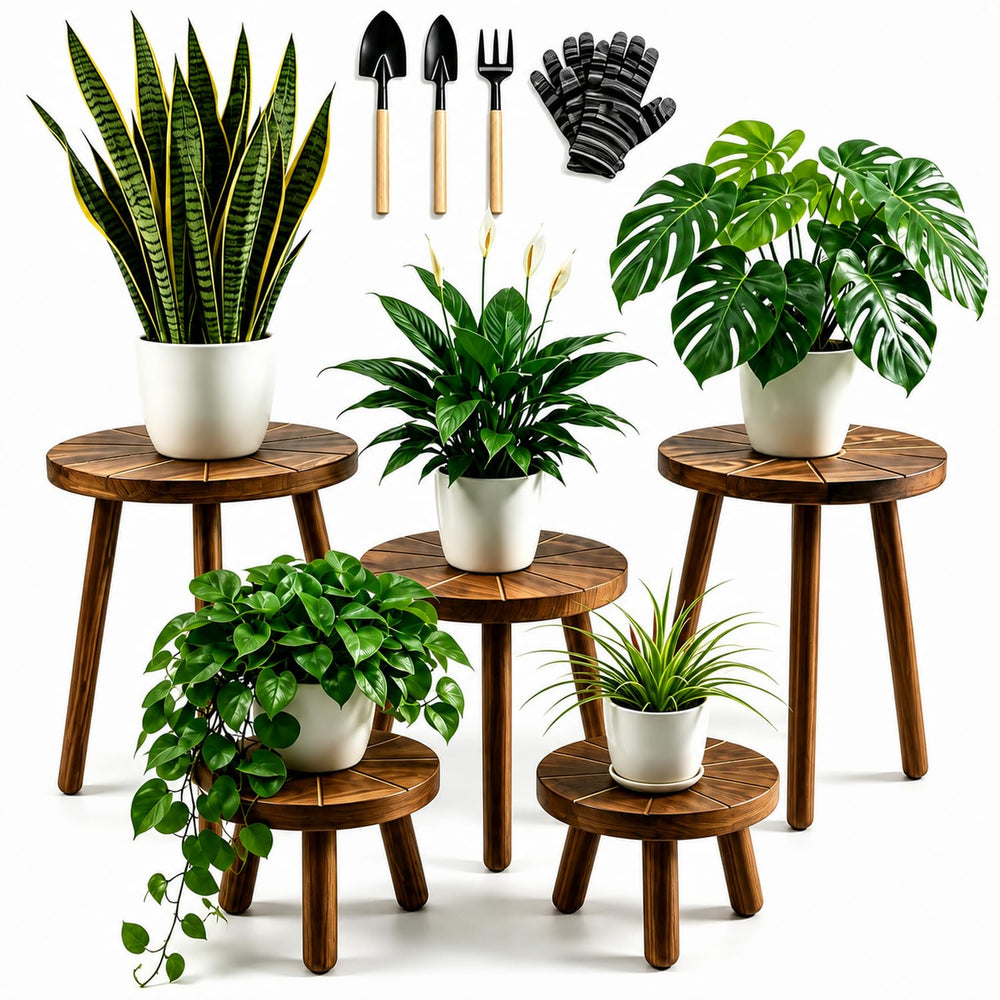 AMVAQKER five-pack front view showing all wooden plant stands and packaging, stylish display benefit