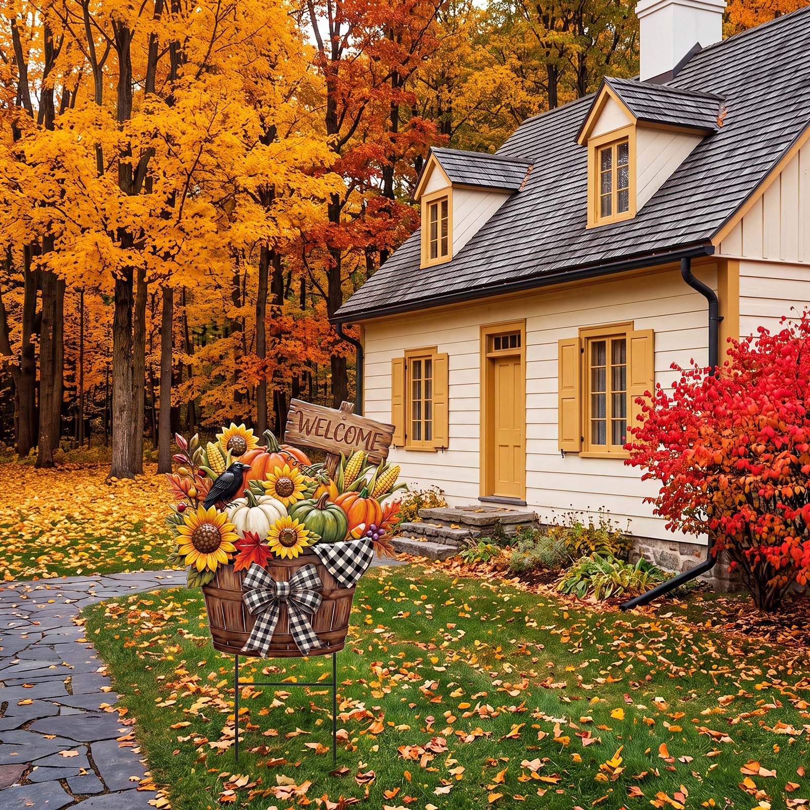 Amyhill staged on porch lawn among pumpkins, creates inviting fall entryway ambience