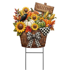 Amyhill front view of pumpkin garden stake showing welcome sign and harvest design, adds curb charm