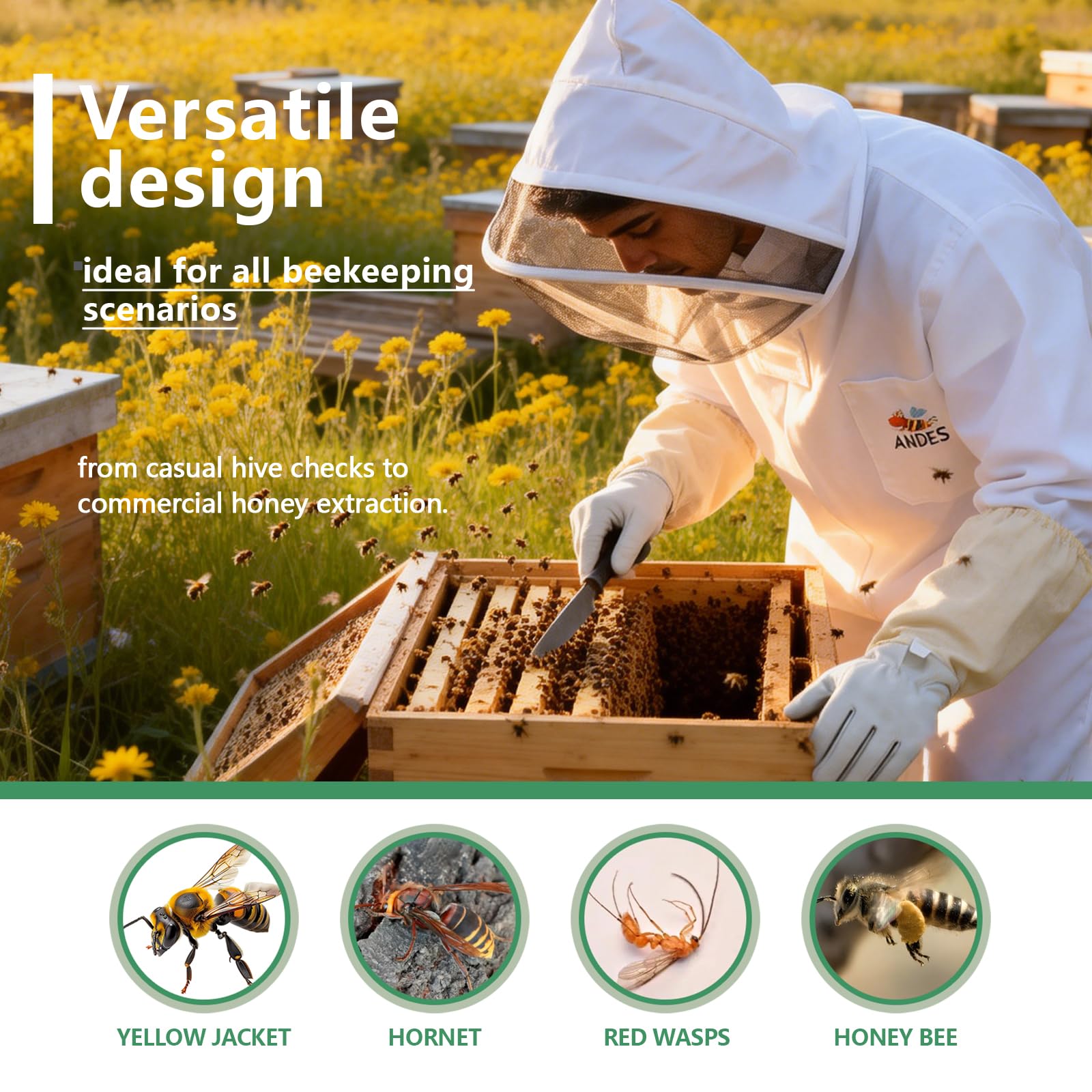 ANDES suit in use inspecting hive showing mobility and protection