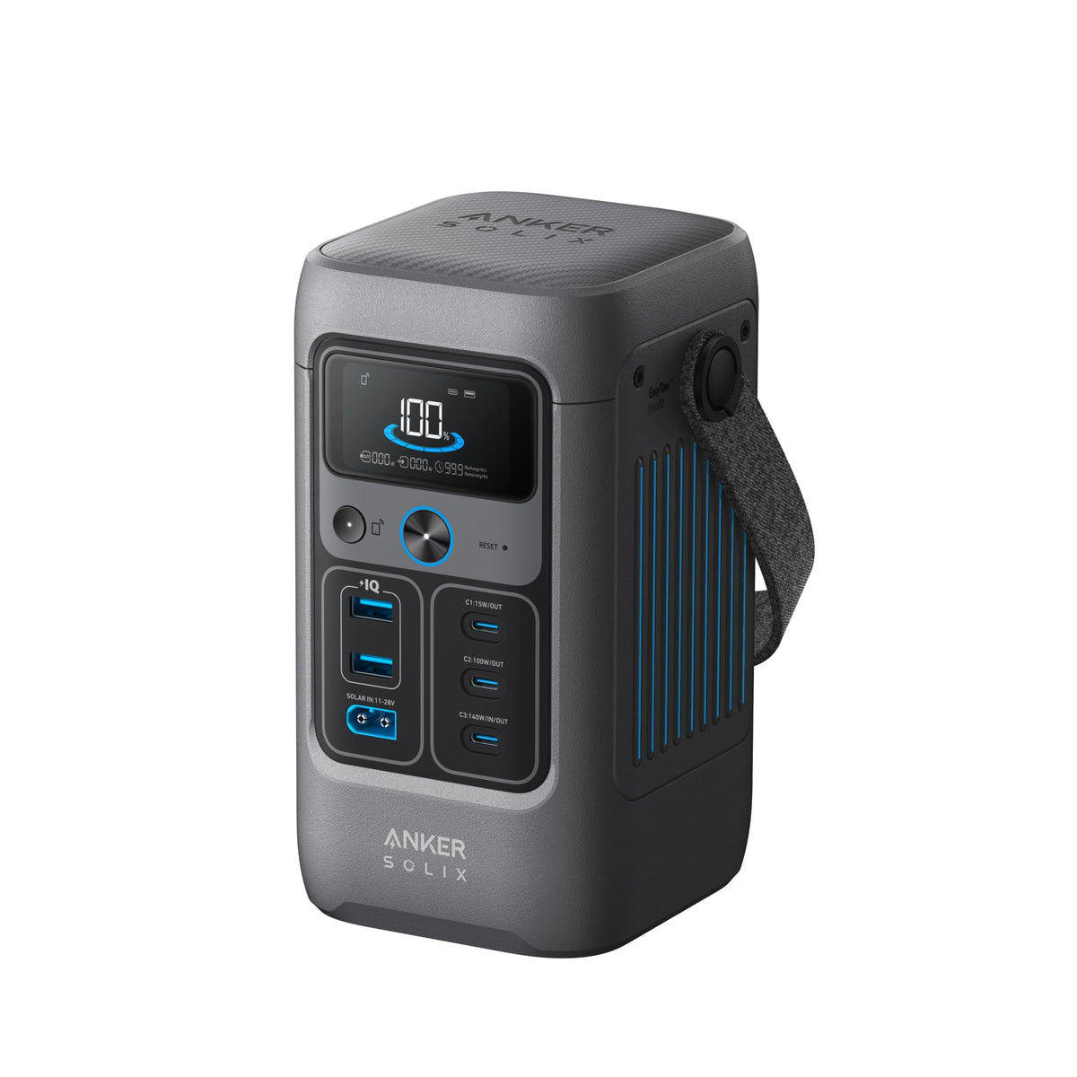 Anker SOLIX C200 front view showing compact design and readable display for portability