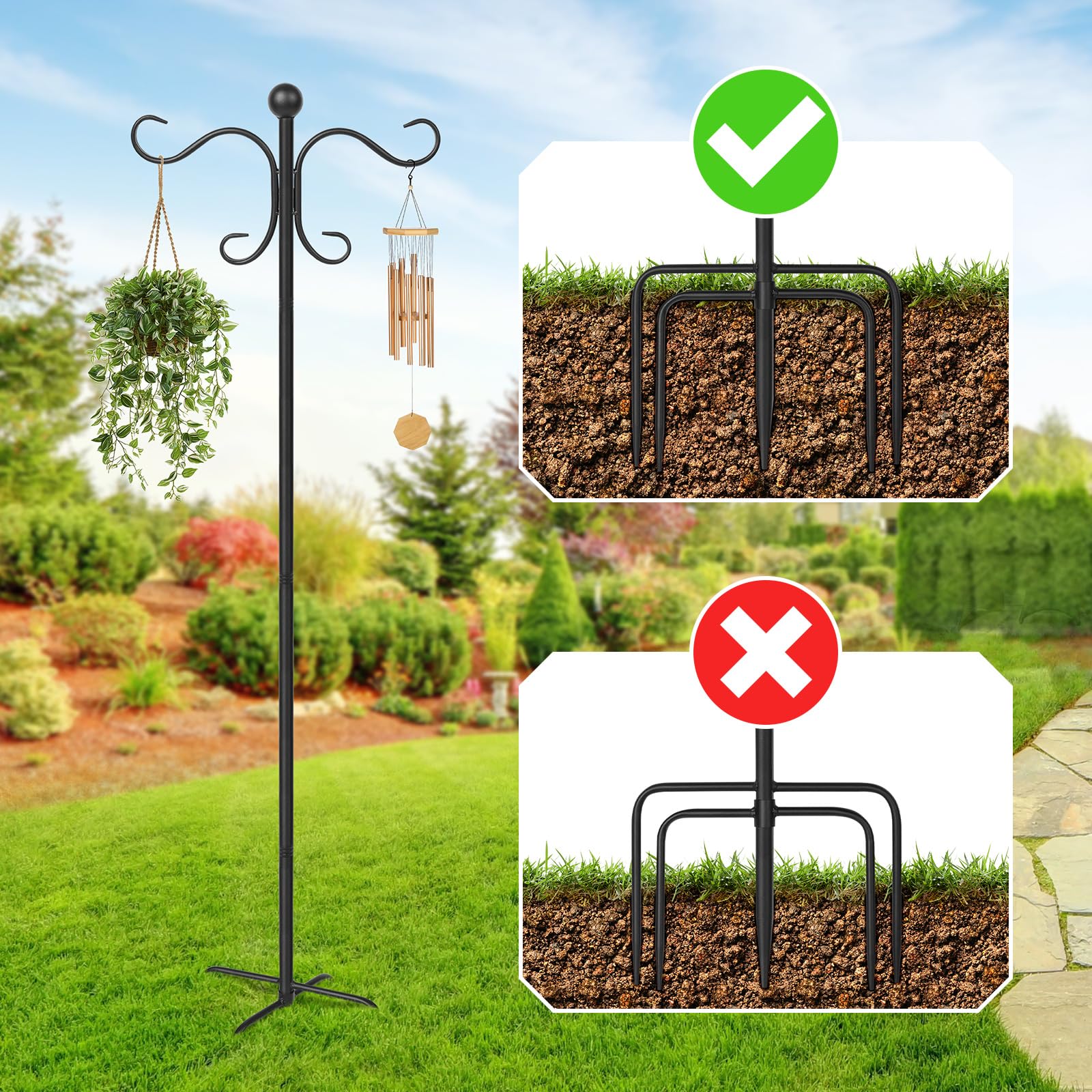 AOMGD base prongs pressed into lawn showing five-prong stability and solid anchoring