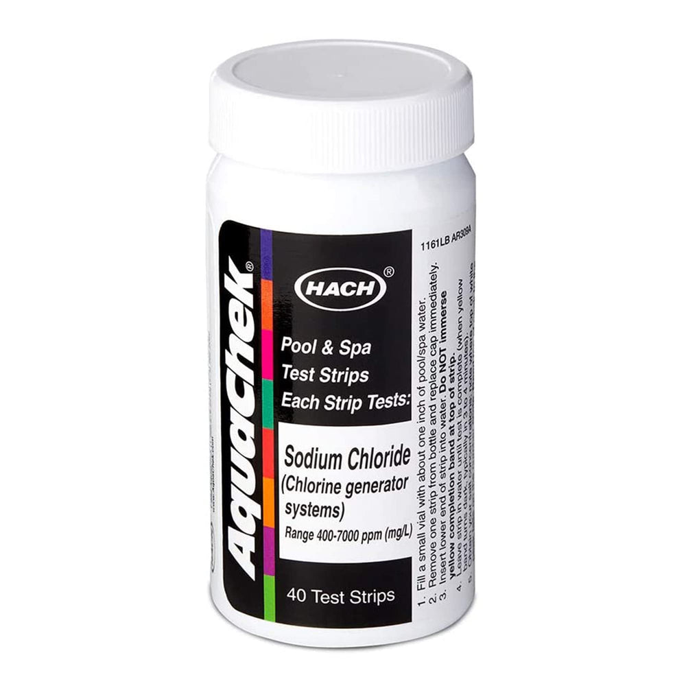 AquaChek bottle front packaging shows 40 salt titrator strips and color comparator