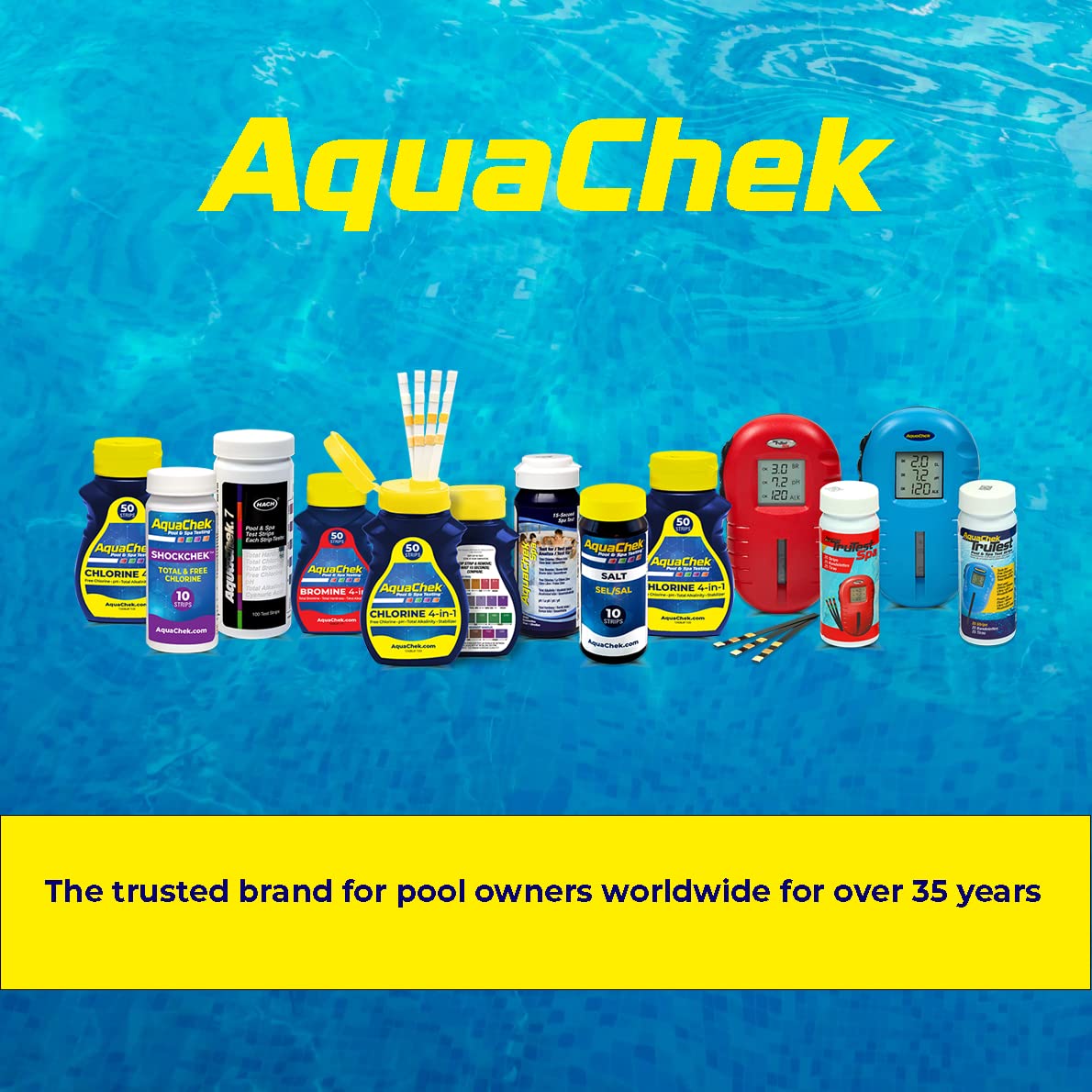 AquaChek strip being dipped in pool water to deliver quick test results